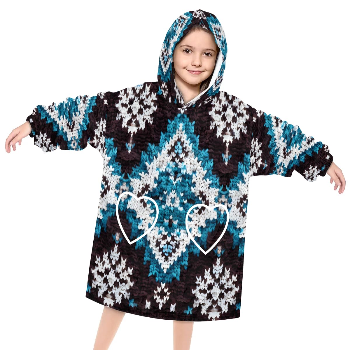 Wearable Blanket Hoodie for Kids, Blue Geometry Aztec Fleece Sweatshirt Blanket Oversized Blanket Sweatshirt with Pocket Flannel Warm Hooded Blanket 6-10 Year Old Girl Boy Gift, One Size