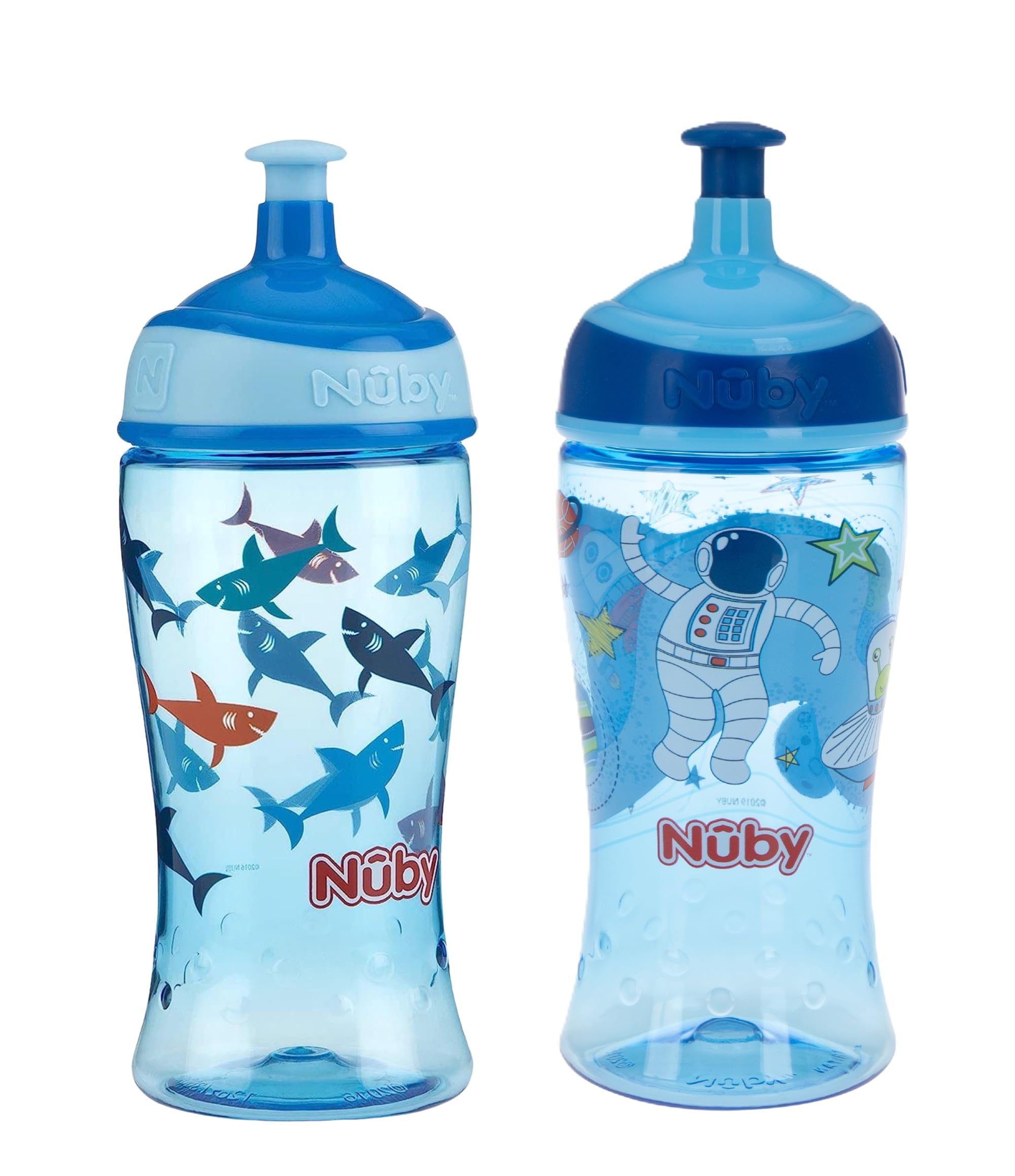 Nuby Printed Kids Pop Up Sipper Water Bottle 12oz, 2 Count Blue