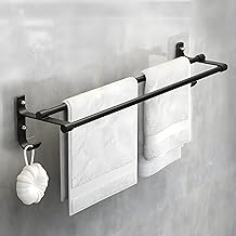 MorivaHomes Self-Adhesive Wall Mounted Aluminium Double Rod Towel Bar with Hook Bathroom Towel Holder/Bathroom Accessories (50CM)(Black, Pack of 1)