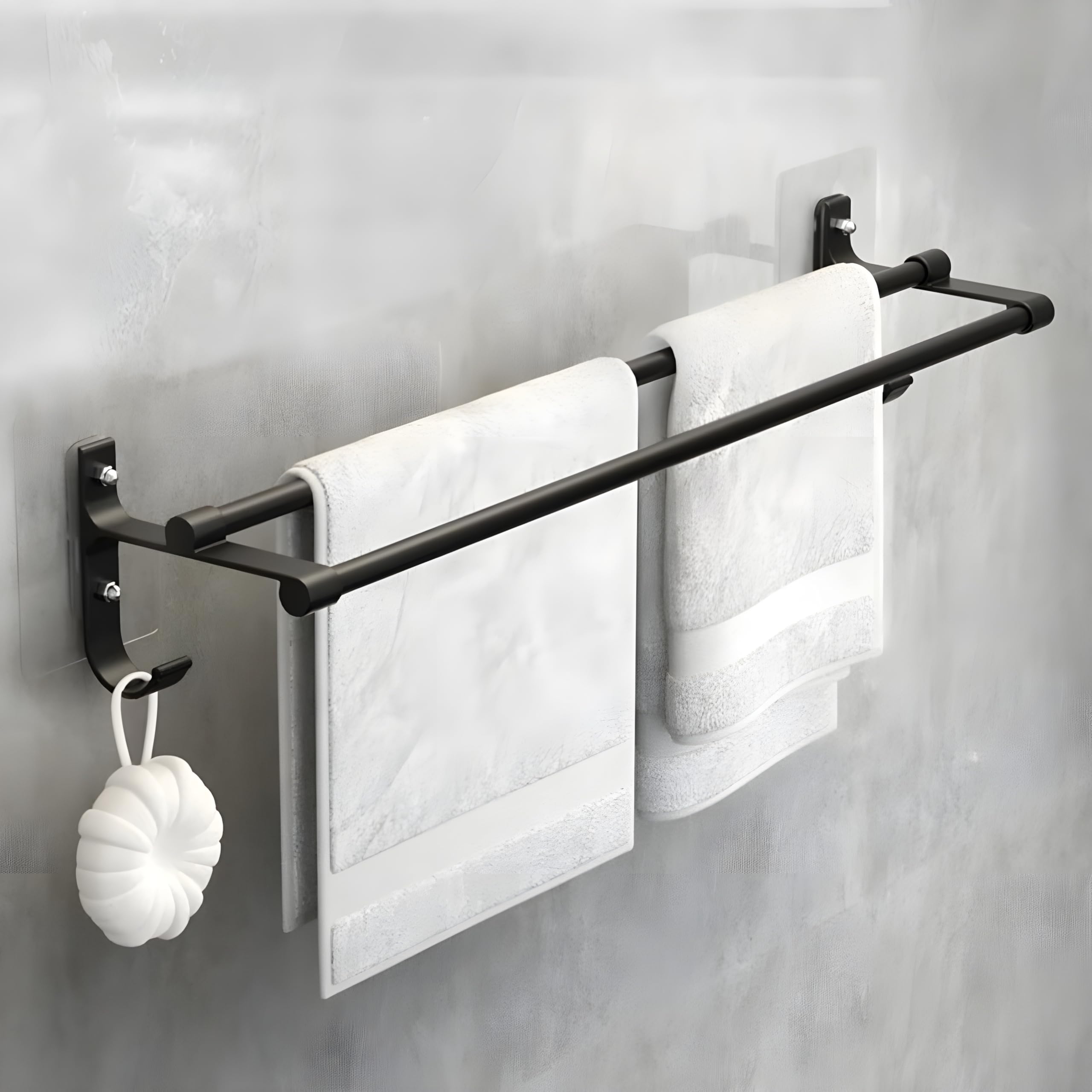 MorivaHomes Self-Adhesive Wall Mounted Aluminium Double Rod Towel Bar with Hook Bathroom Towel Holder/Bathroom Accessories (50CM)(Black, Pack of 1)-picture-20