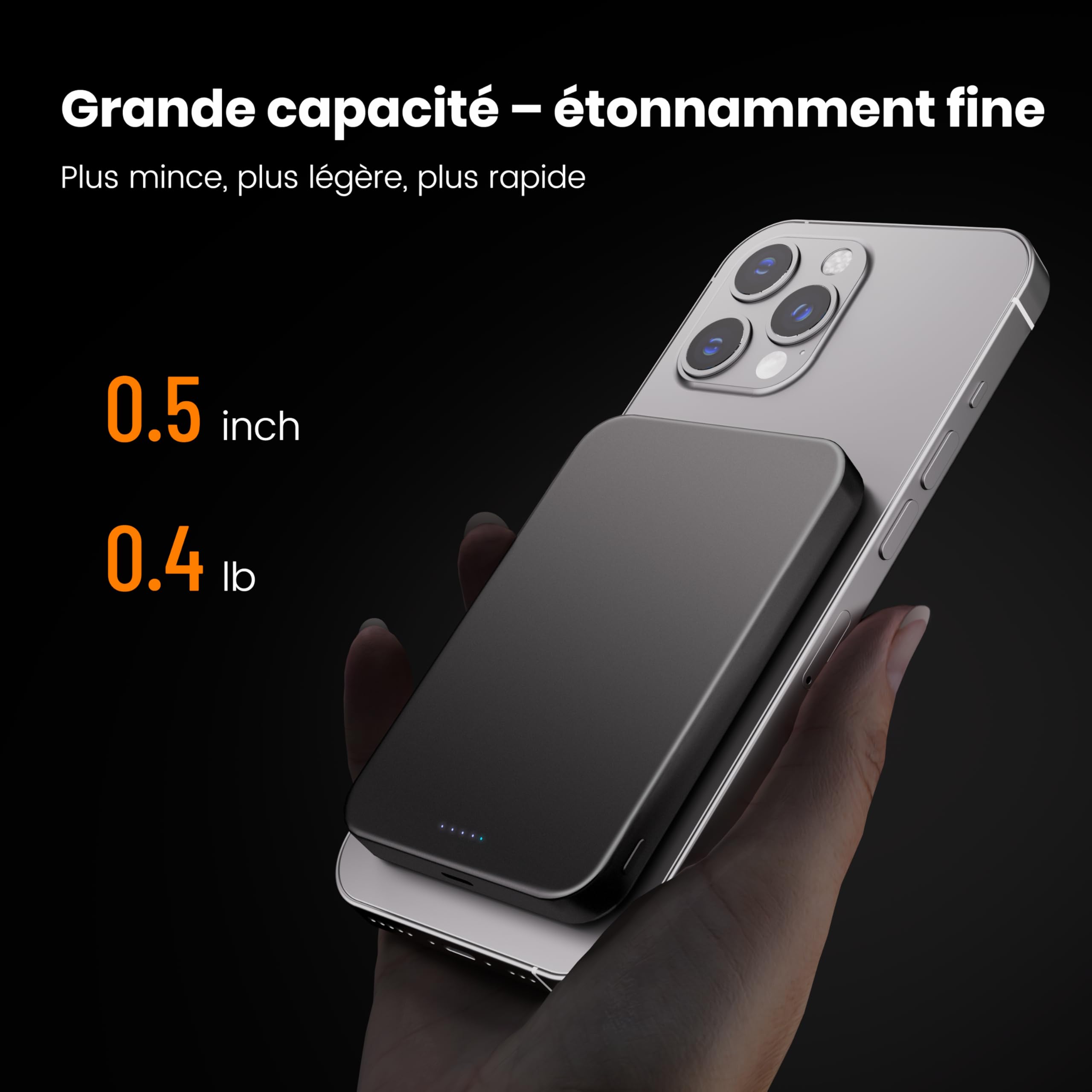 kstime PD20W Chargeur Portable sans Fil magnétique 10 000 mAh 14 mm Design Titane Ultra Fin avec entrée et Sortie USB-C Compatible avec iPhone 17/16/15/14/13/12 Series (Argent) - 3