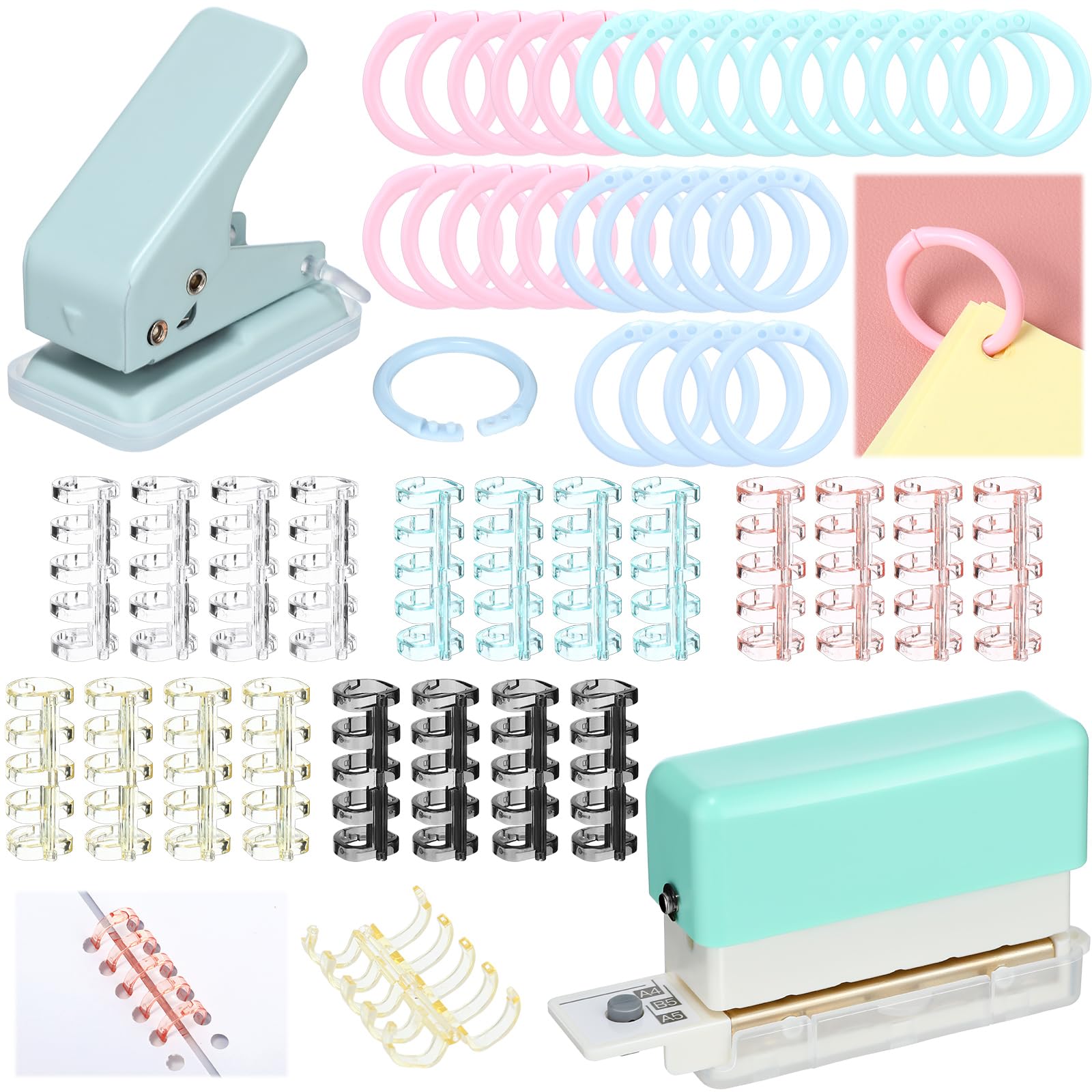 ReliThick 52 Pcs Binding Machine Set Includes 1 Pcs 6 Holes Binder Punch 1 Pcs Single Hole Binder Machine 20 Pcs 5 Ring Plastic Loose Leaf Binder