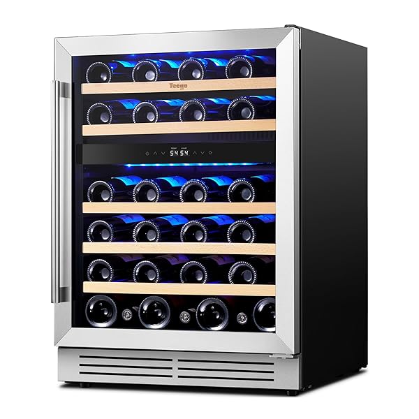 Yeego Wine Fridge Cooler - 24 Inch Dual Zone Wine Fridge Hold 47 Bottles, 40-65°F Wine Refrigerator Glass Door, Built in, Freestanding Under Counter Fridge for Beer Soda Drink Home Bar Office