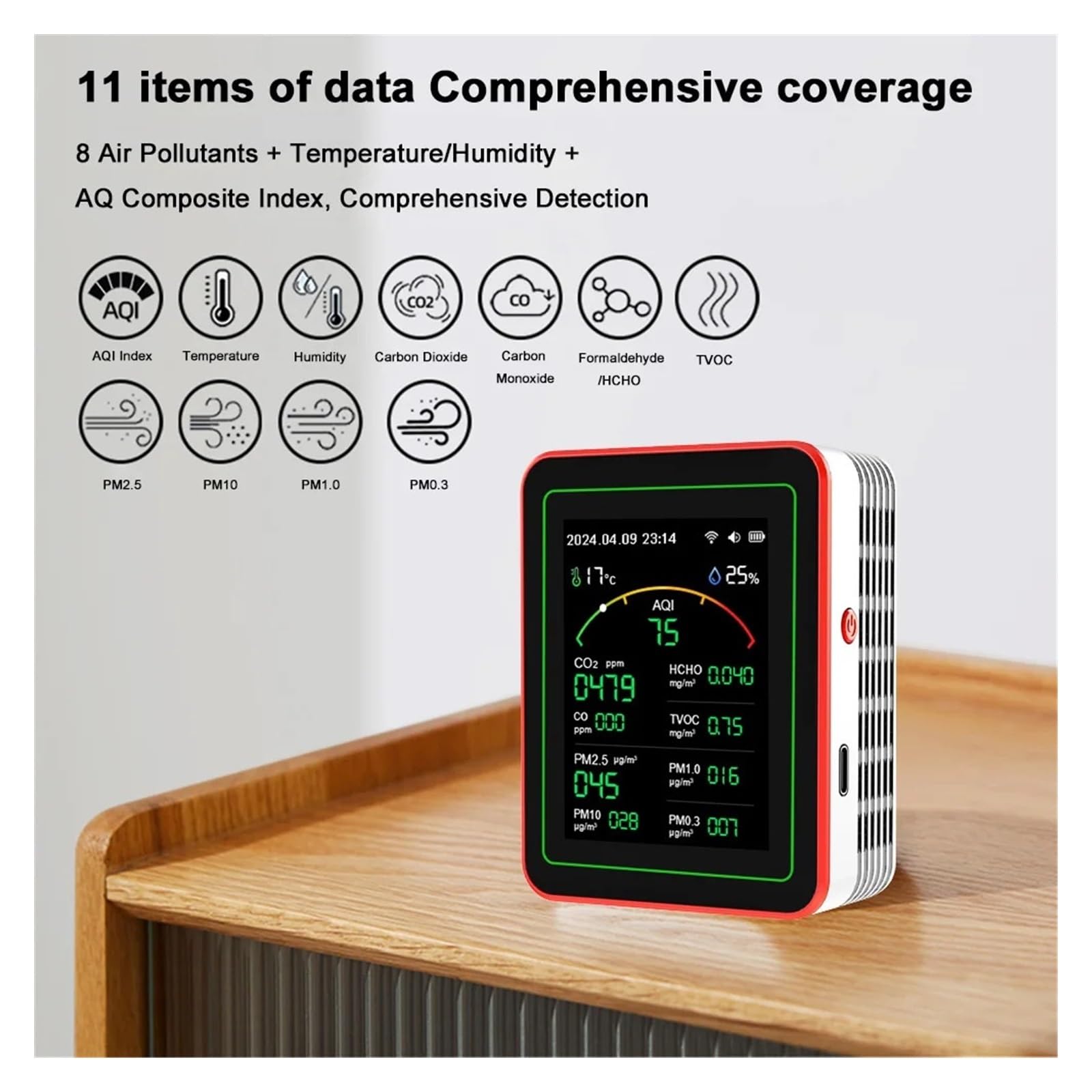 Air Quality Monitor, Rilevatore Di Qualità 'aria WiFi 15 In 1 CO CO2 PM0.3 PM1.0 PM2.5 PM10 Tester Portatile Misuratore Umidità A Temperatura(WHITE)