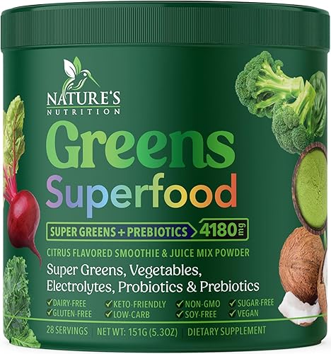 Superalimento orgánico en polvo Super Greens - Mezcla de batidos de verduras orgánicas originales, antioxidantes y probióticos, espirulina,