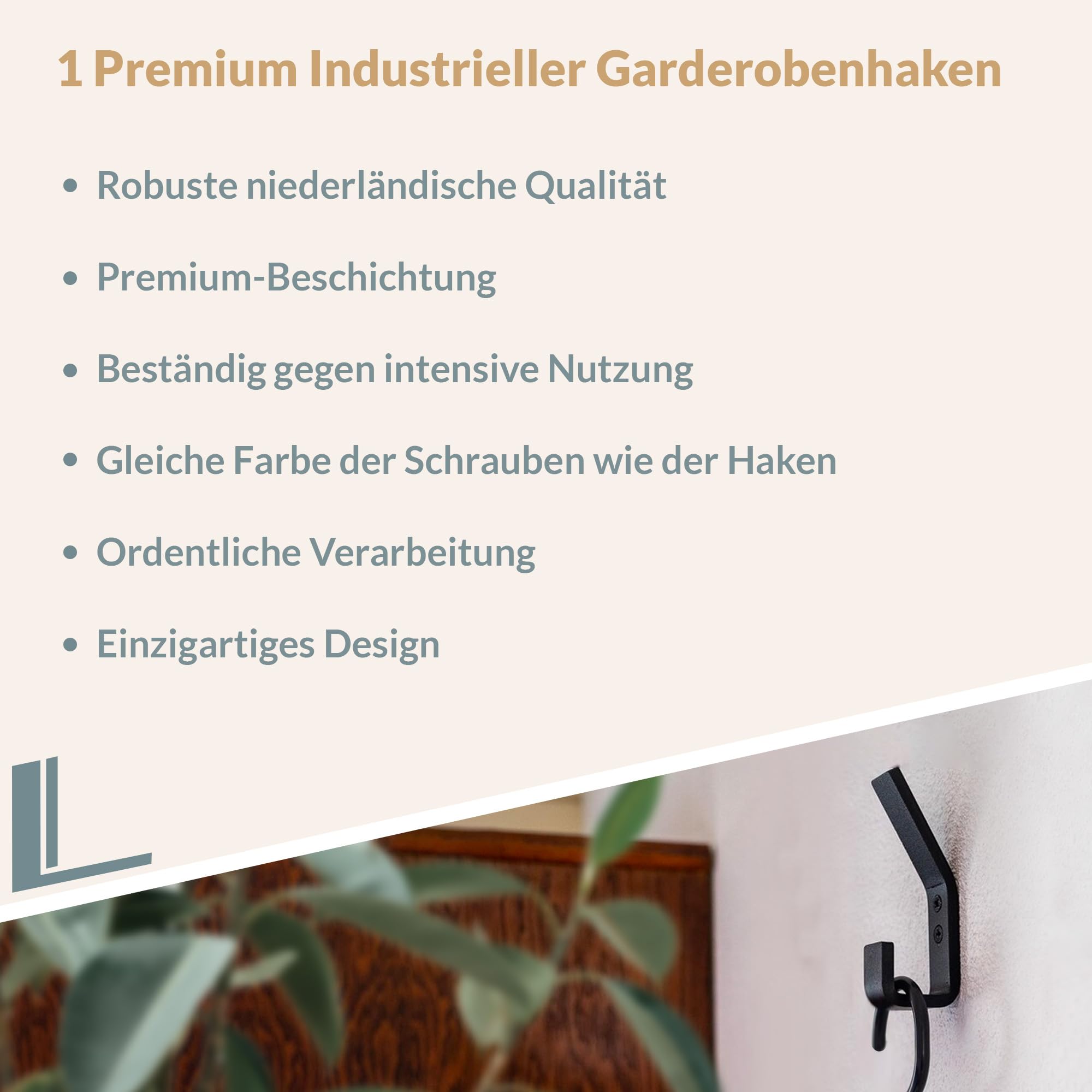 Marcellis Premium Haken, Matt Schwarz, 5x Industrielle Haken (80 kg Tragkraft) - Für einfache Handhabung entworfen mit hochwertiger Verarbeitung und Montagematerial - 11x2x4,2 cm (HxWxD)