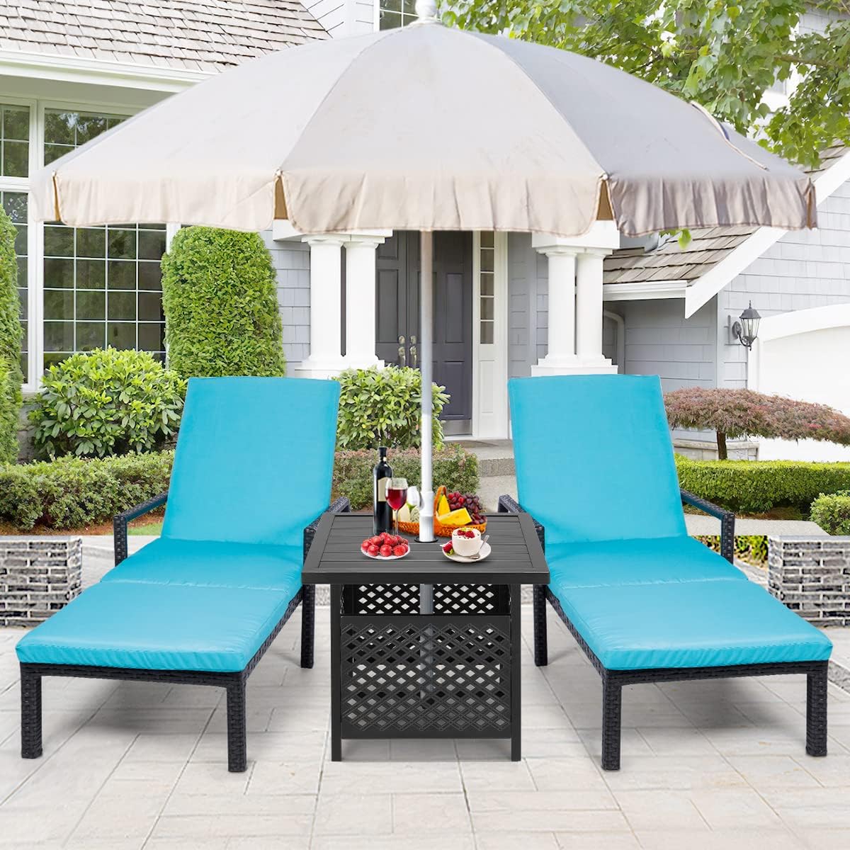 AECOJOY Black Metal Patio Table with Umbrella Hole, Outdoor Side End Table with Umbrella Hole, Small Outdoor Side End Coffe Table for Patio Deals, Pool Deck Umbrella Base Stand