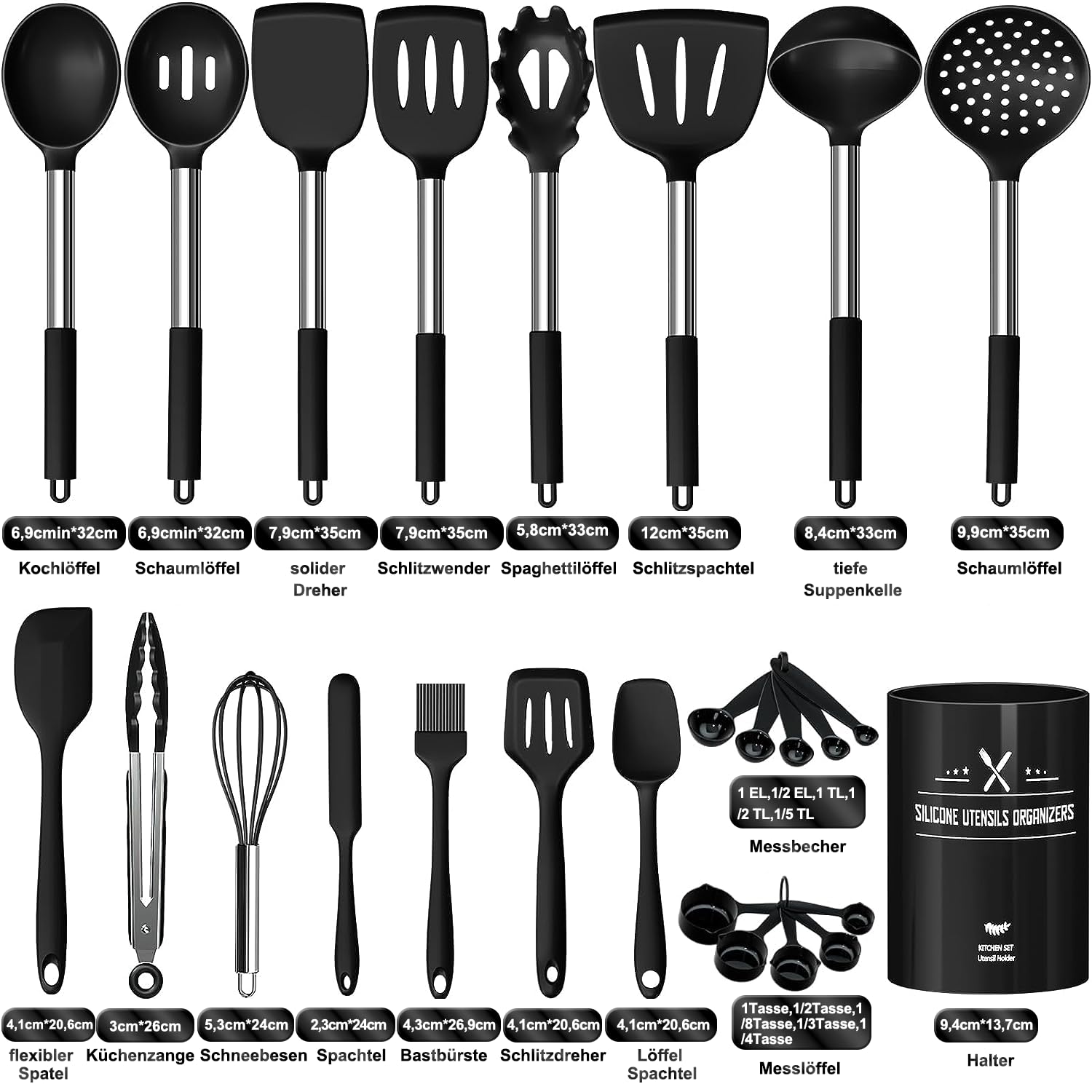 Juego de utensilios de cocina, 26 piezas, de silicona, resistente al calor, con soporte para utensilios, antiadherente, con mango de acero inoxidable, apto para lavavajillas
