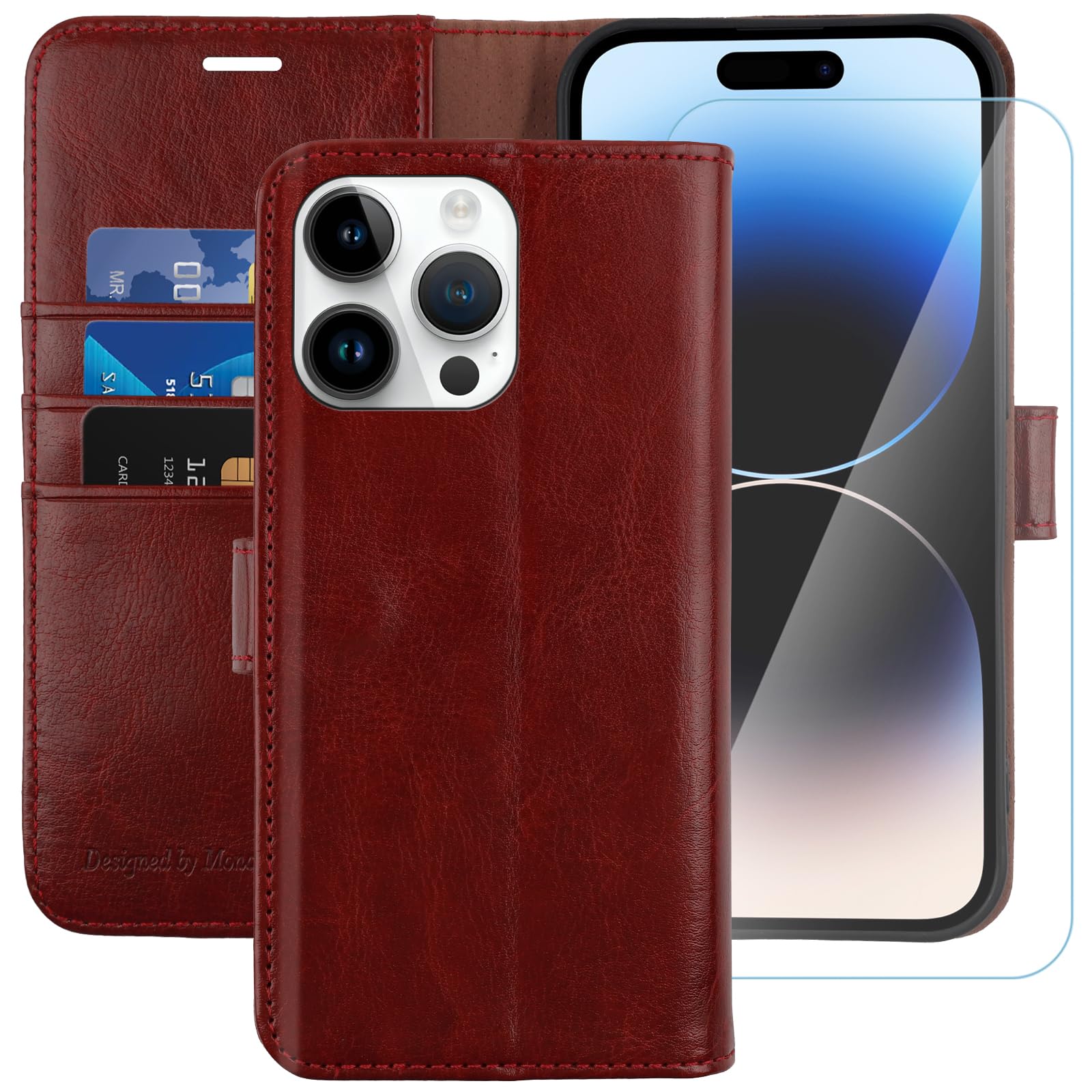 MONASAY Wallet Case Compatible for iPhone 14 Pro 5G, [Glass Screen Protector Included] [RFID Blocking] Flip Folio Leather Cell Phone Cover with Credit
