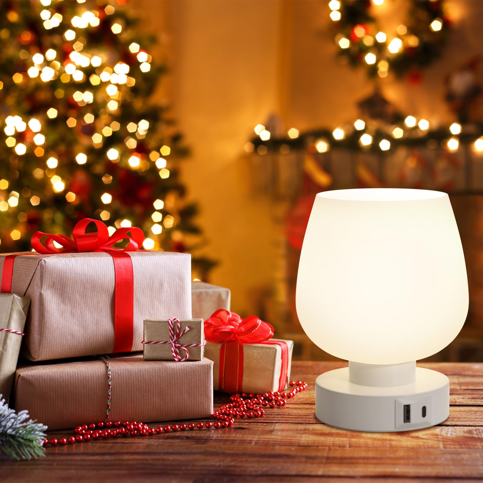 Nachttischlampe Touch Dimmbar 2er Set, Tischlampe mit USB A+C Anschlüsse LED Birne, 3-fach Dimmbar, Kleine Glas Lampe für Nachttisch Schlafzimmer Wohnzimmer Babyzimmer