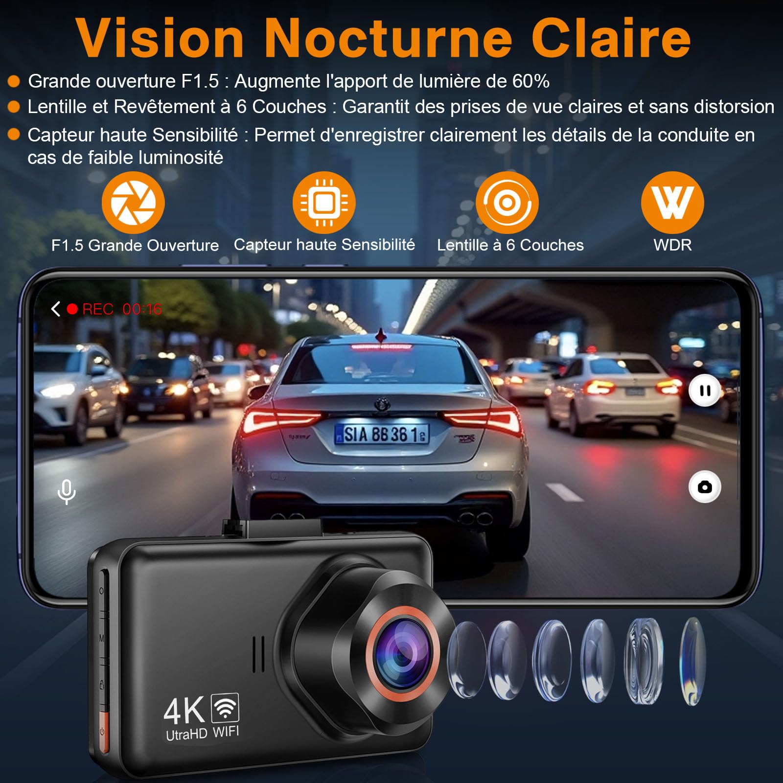 Dashcam Voiture Avant Arriere: 4K+2K 5G WiFi Camera Voiture Embarquée - Écran HD 3" avec App Contrôle Carte SD 64G Vision Nocturne - Convient à Tous Les Véhicules Installation Facile