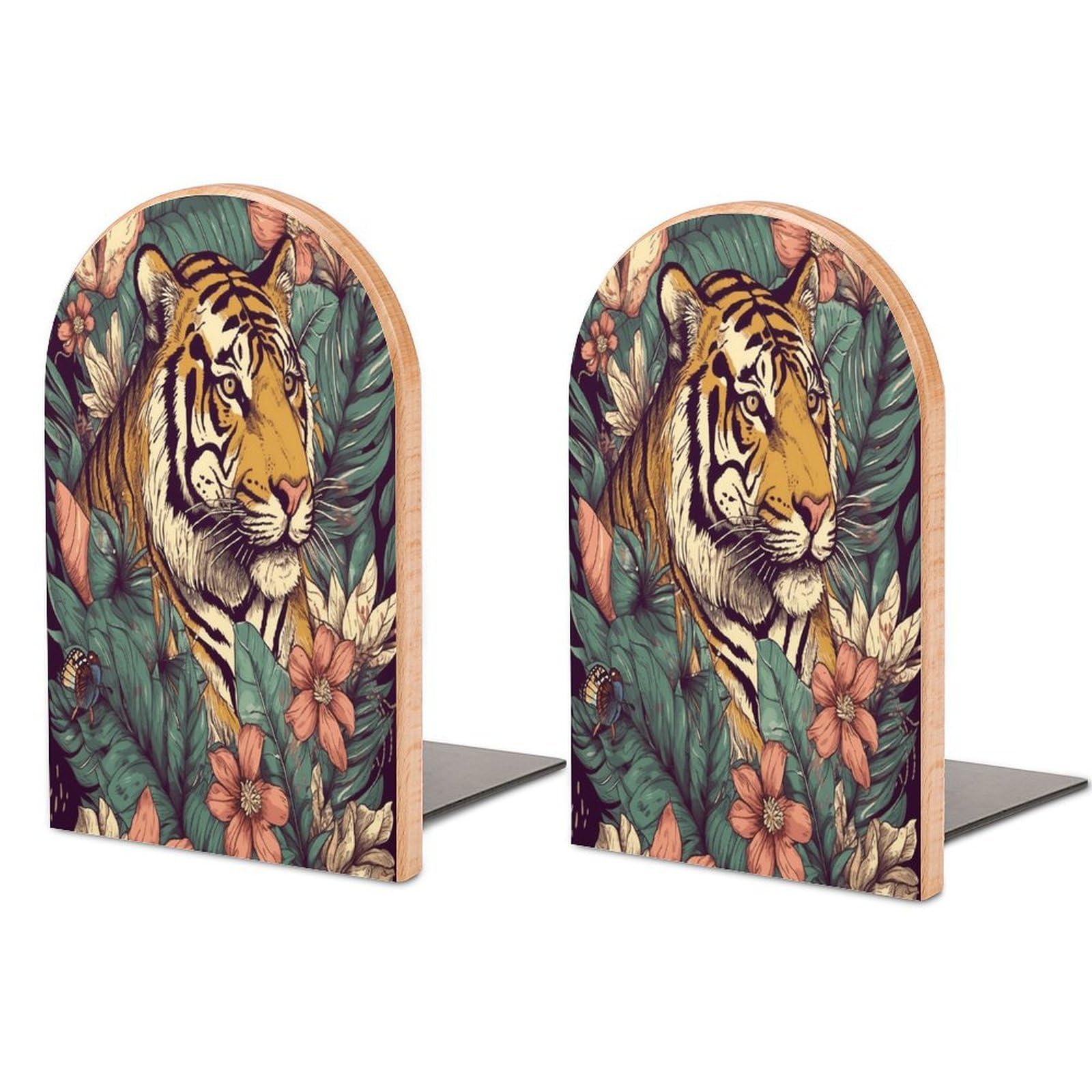 Tropical Tiger Bookend Wood Book End for Shelves Heavy Duty Non-Slip Wooden Bookend Support Universal Economy Bookends Fancy Modern Decorative Book Accessories 1 Pairs