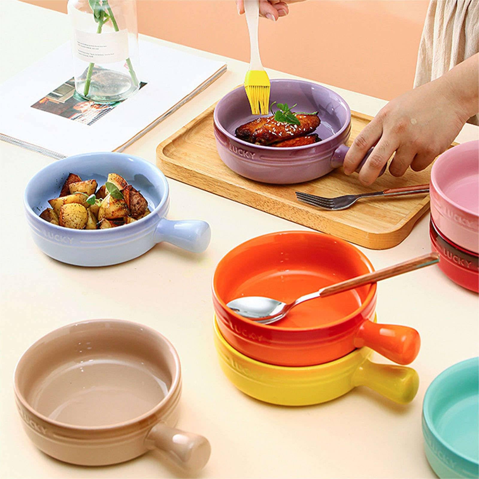 Bol à nouilles en céramique, Bol de nouilles instantanées en céramique, soupe avec poignée, Ramen simple for 1 personne, petit Pho, plat cuisson rond(Pink)