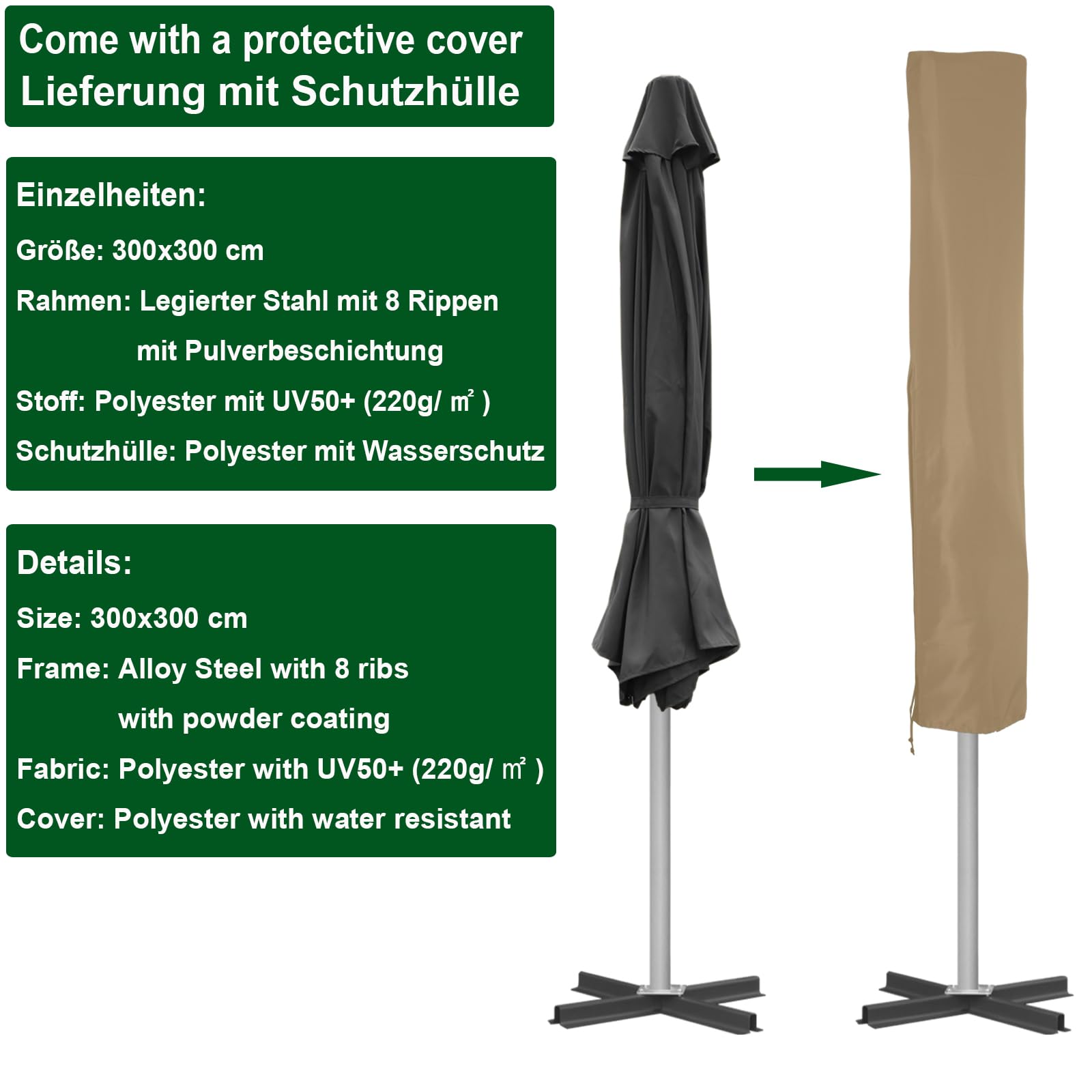 RANSENERS Sonnenschirm 300 x 300 cm mit Kreuzfuß, 8 Rippen, Extra Dicker Gewebe, UV 50+, für Garten, Terrasse, Cafe im Freien