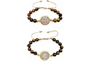 2Pcs San Benito Bracelet Tigher Eye Bracelet Saint Benedict Medal Catholic San Benito Medalla