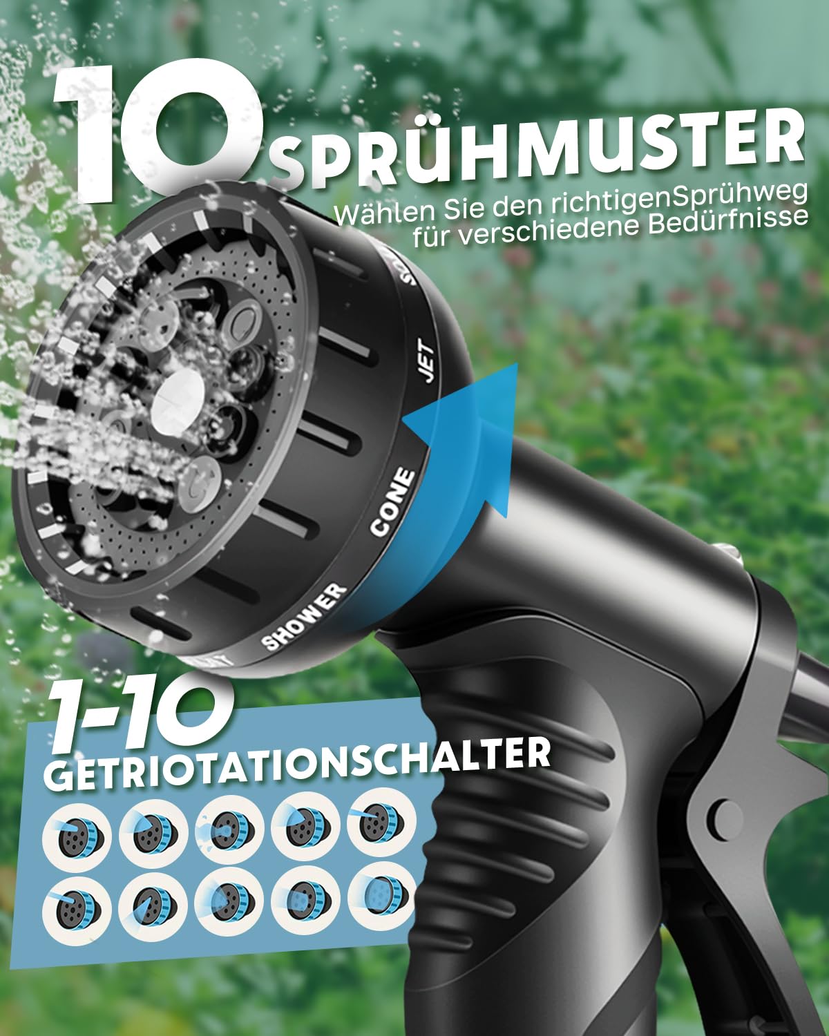 15M/50FT Flexibler Gartenschlauch, Ausziehbare Wasserschlauch mit 10-Funktionen-Sprühkopf, 3750D-Gewebe & 4 Lagigem Latexkern, 3/4 und 1/2 Zoll Metallverbindung, knickfrei für Garten & Terrasse