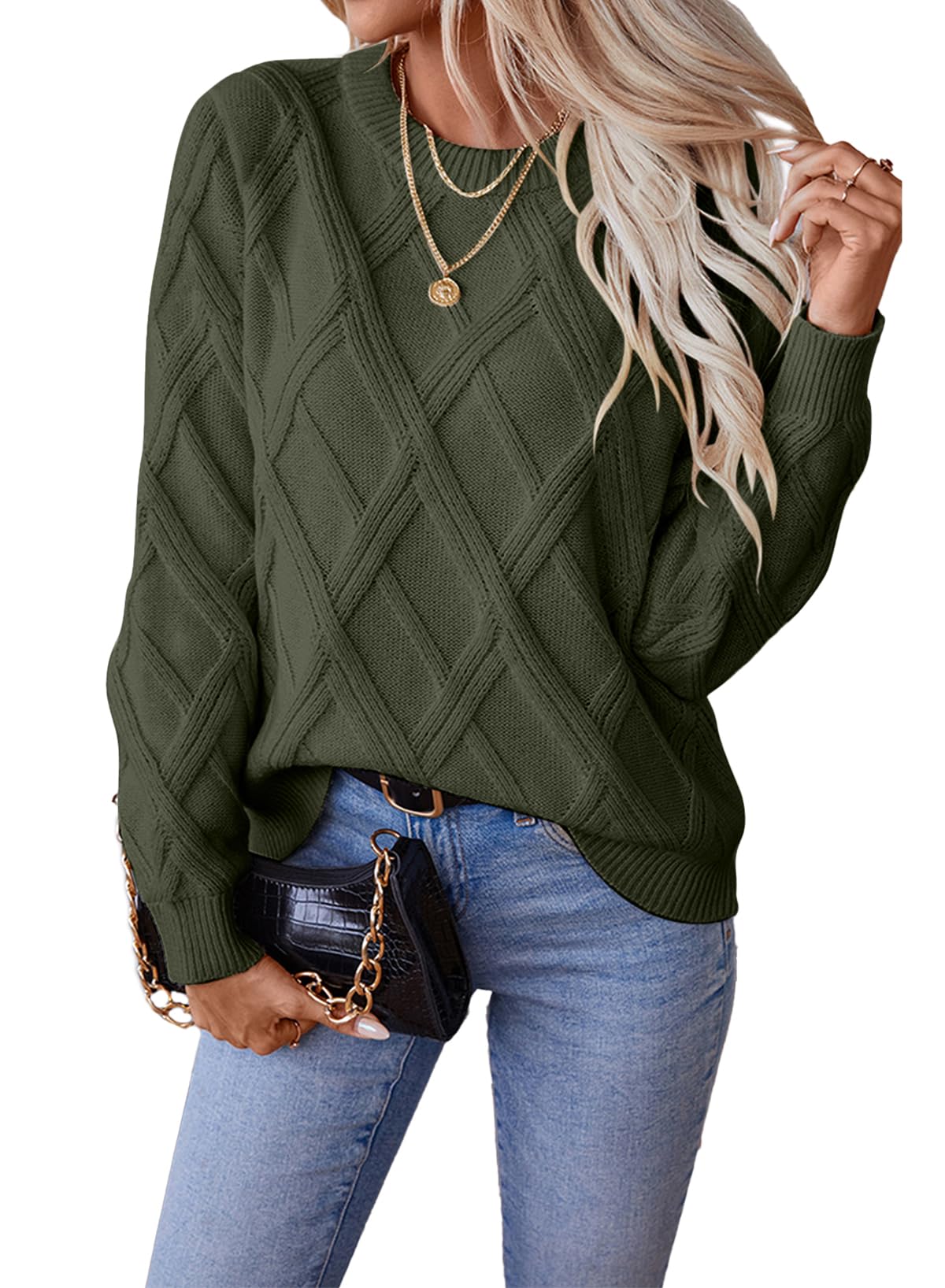 SHEWIN Womens Sweaters Crewneck Cable Knit Sweater Long Sleeve Fall Tops for Women 2025