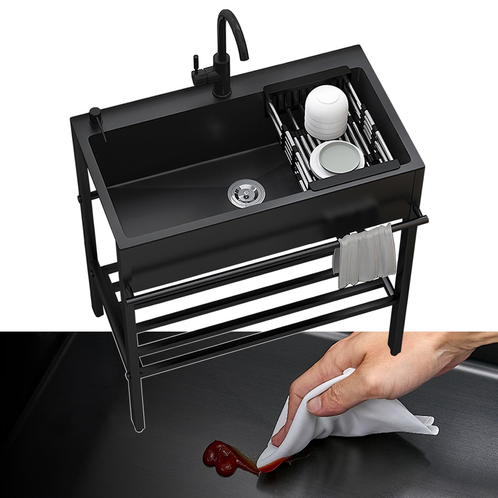 Outdoor Spülbecken Gartenspüle, Großes Edelstahlspülbecken Freistehendes Mit Lagerregal, Spülbecken Set Mit Wasserhahn Und Ablaufkorb Leicht Zu Reinigen Kitchen Sink Schwarz