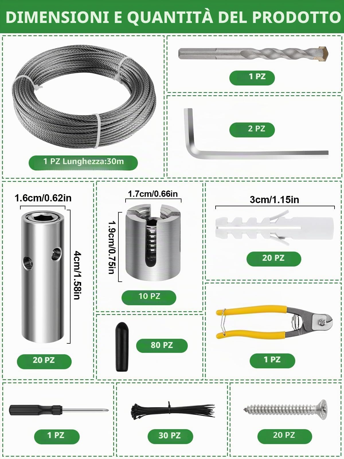 TOROKOM 185PZ Kit Tralicci da Giardino 30m per Piante Rampicanti, Acciaio Inox T316 Resistente, Sistema di Sostegno a Parete per Fiori e Viti