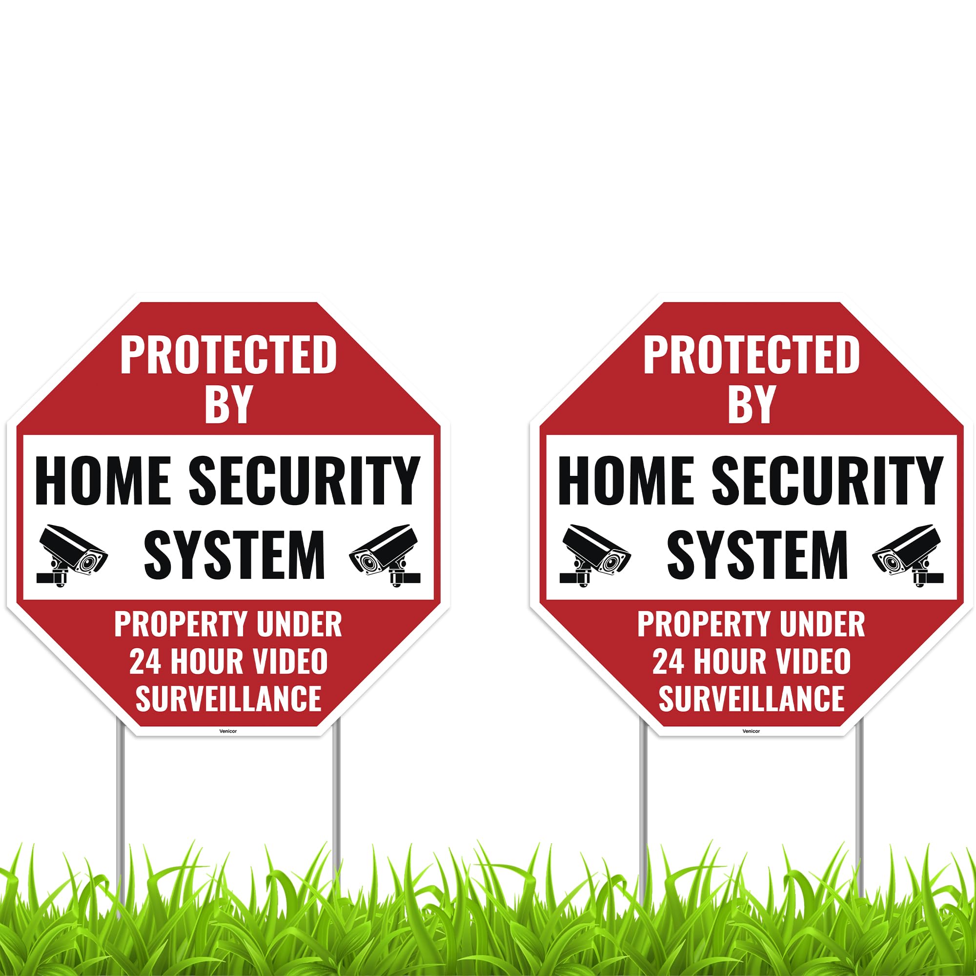 2PC 24 Home Security Signs with Stakes, 13"x13" - Corrugated Plastic - Protected By Home Security Monitoring Alarm Signs for House Home Yard
