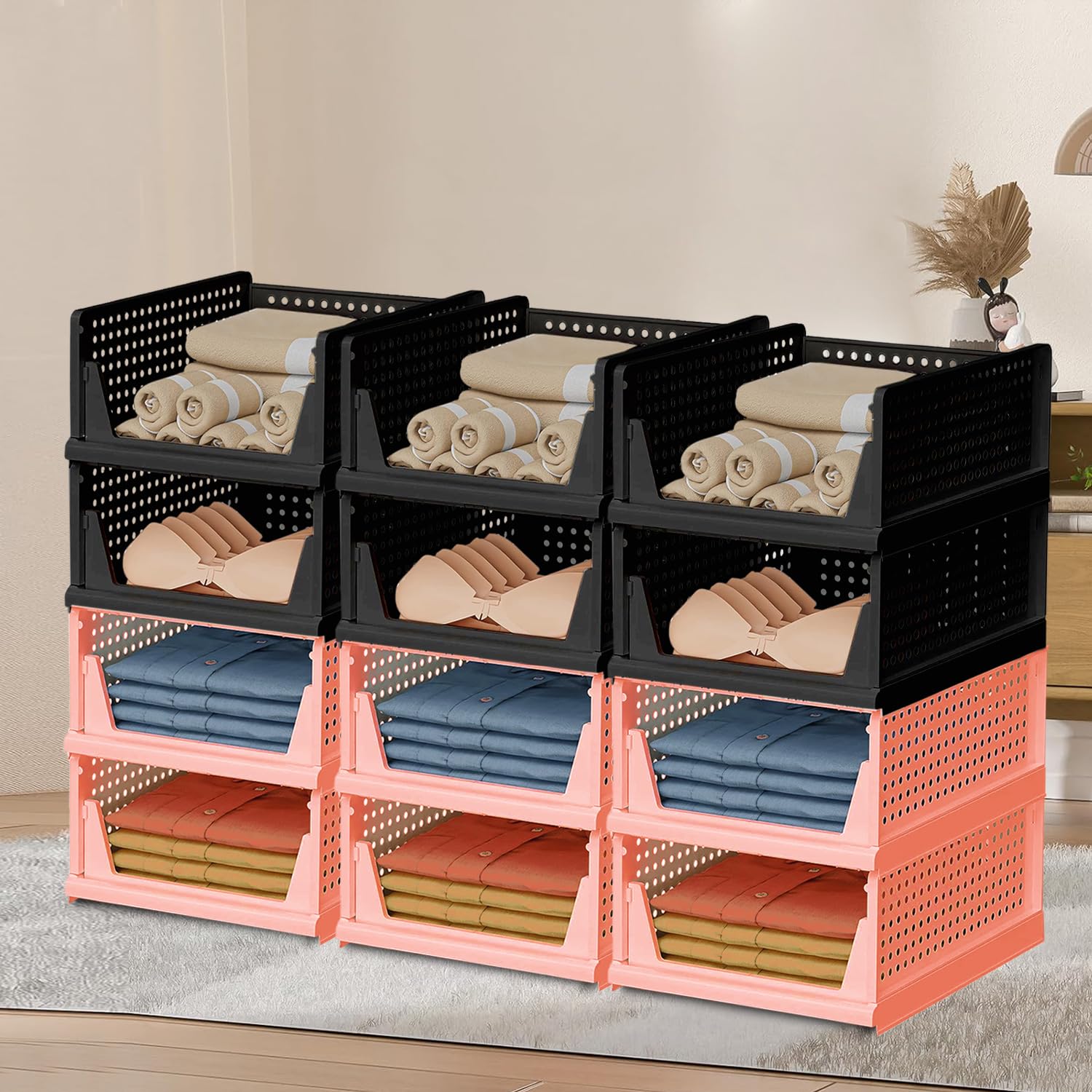 Kuber Industries Large 12 Pcs Storage Organizer | Wardrobe Organizer | Cloth Organizer | Foldable Shirt Stacker Box for Almirah | Closet Storage Basket| Light Pink & Black (B0CZXSNHRT) Amazon Price History, Amazon Price Tracker