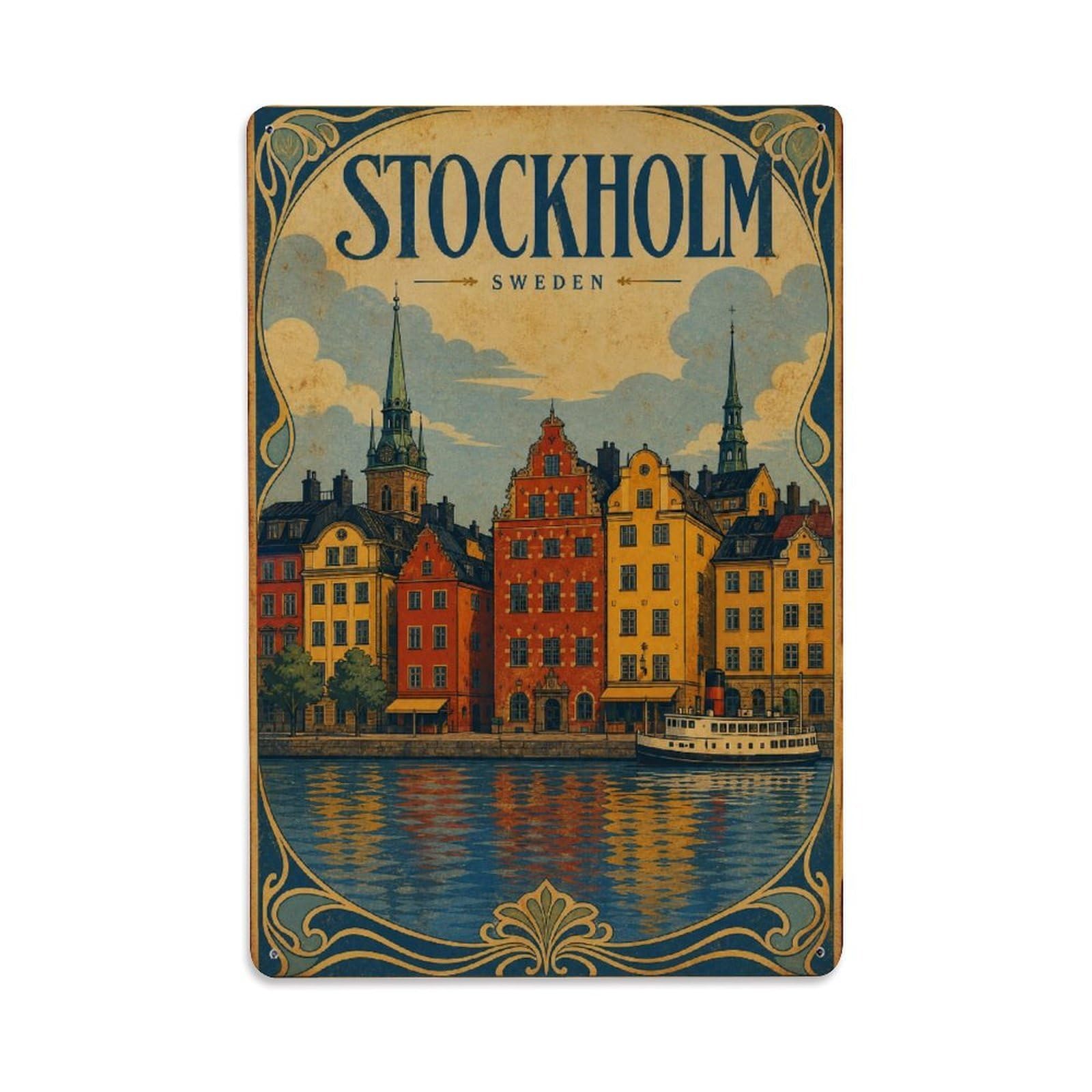 Vintage Travel Sweden Stockholm Metal Tin Sign