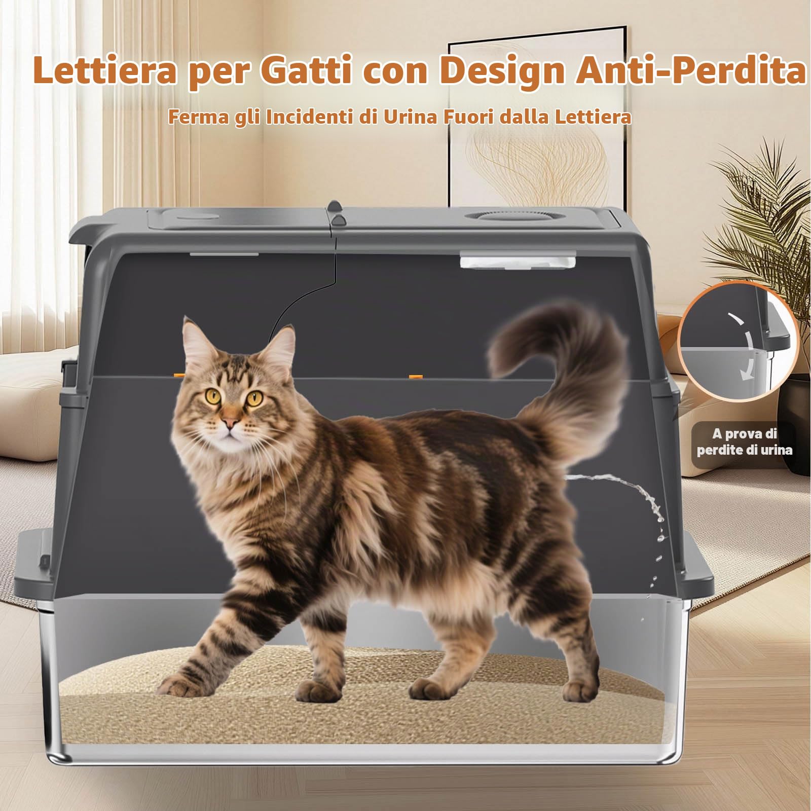 Homegroove XXXL - Lettiera per gatti in acciaio inox con coperchio, 70 x 50 x 45 cm, extra grande, con pala e pedale, in metallo chiuso, per gatti di grandi dimensioni e casette, anti-beccuccio