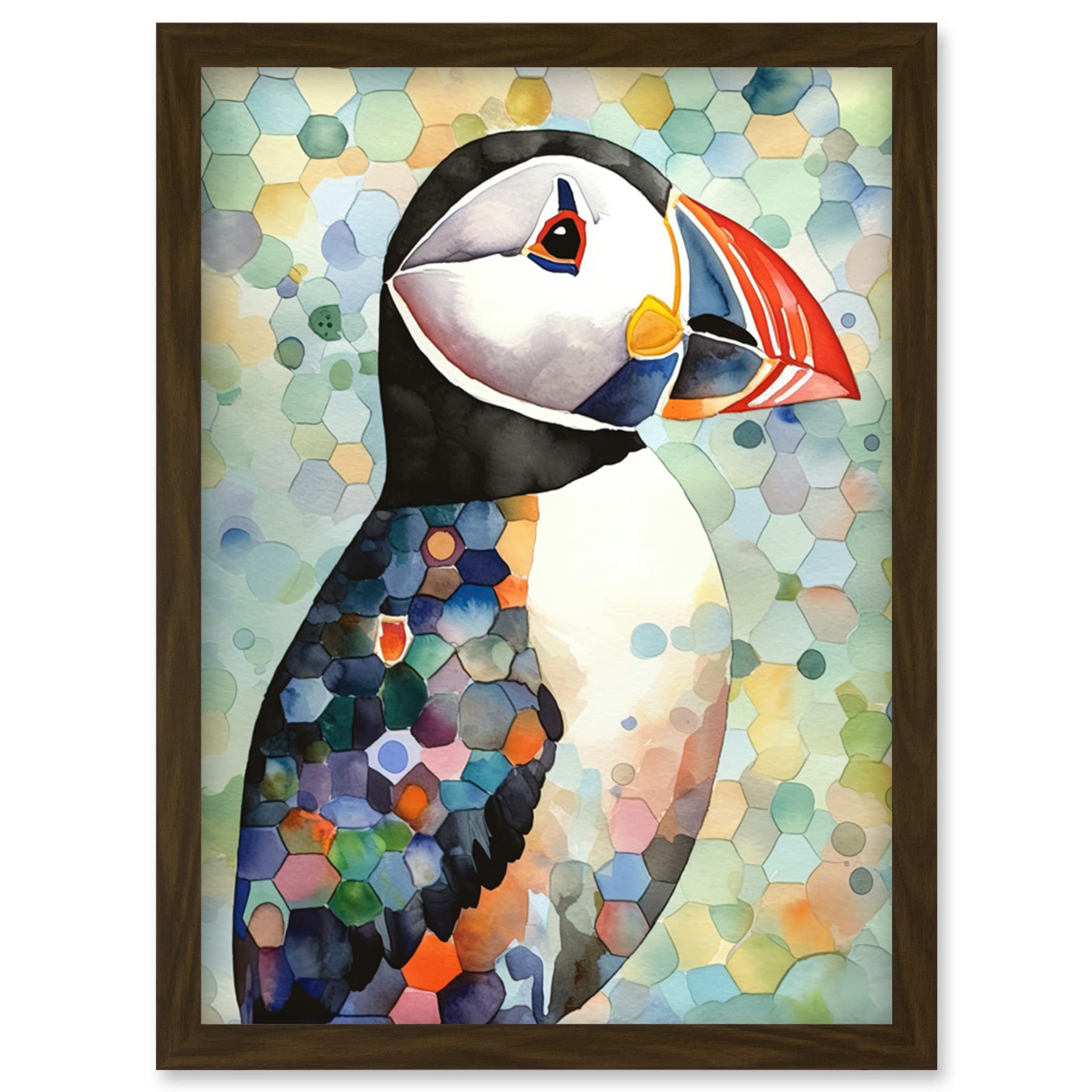 Artery8 Puffin Bird Portrait Pastel Colour Folk Art Artwork Framed Wall Art Print A4