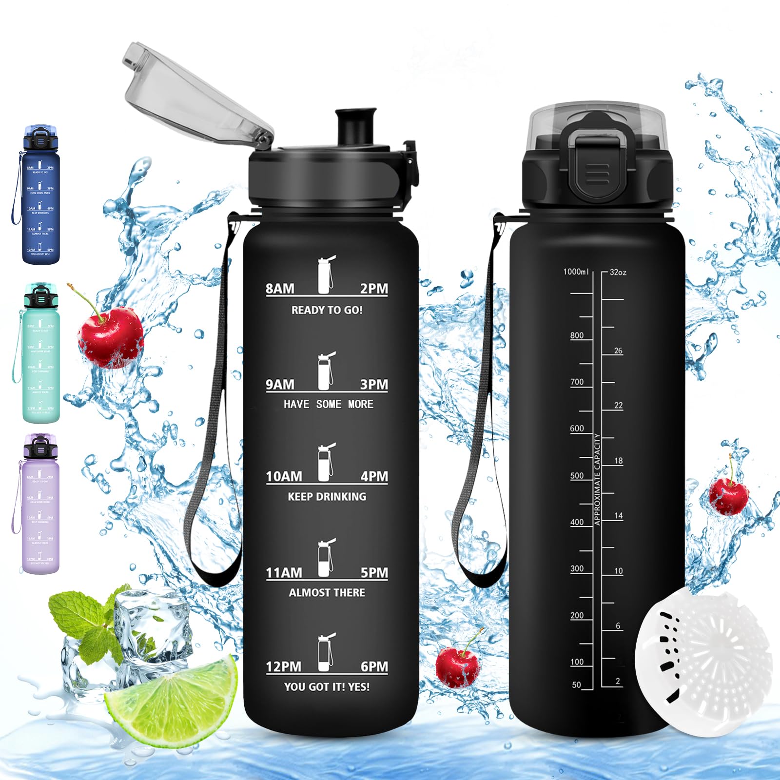 Vikaster Borraccia motivazionale, Borraccia 1000ml, Borraccia sport, Senza BPA & Prova di Perdite, Borracce per Bambini, Adulto, Bici, Scuola, Ufficio, Yoga, Palestra, Campeggio