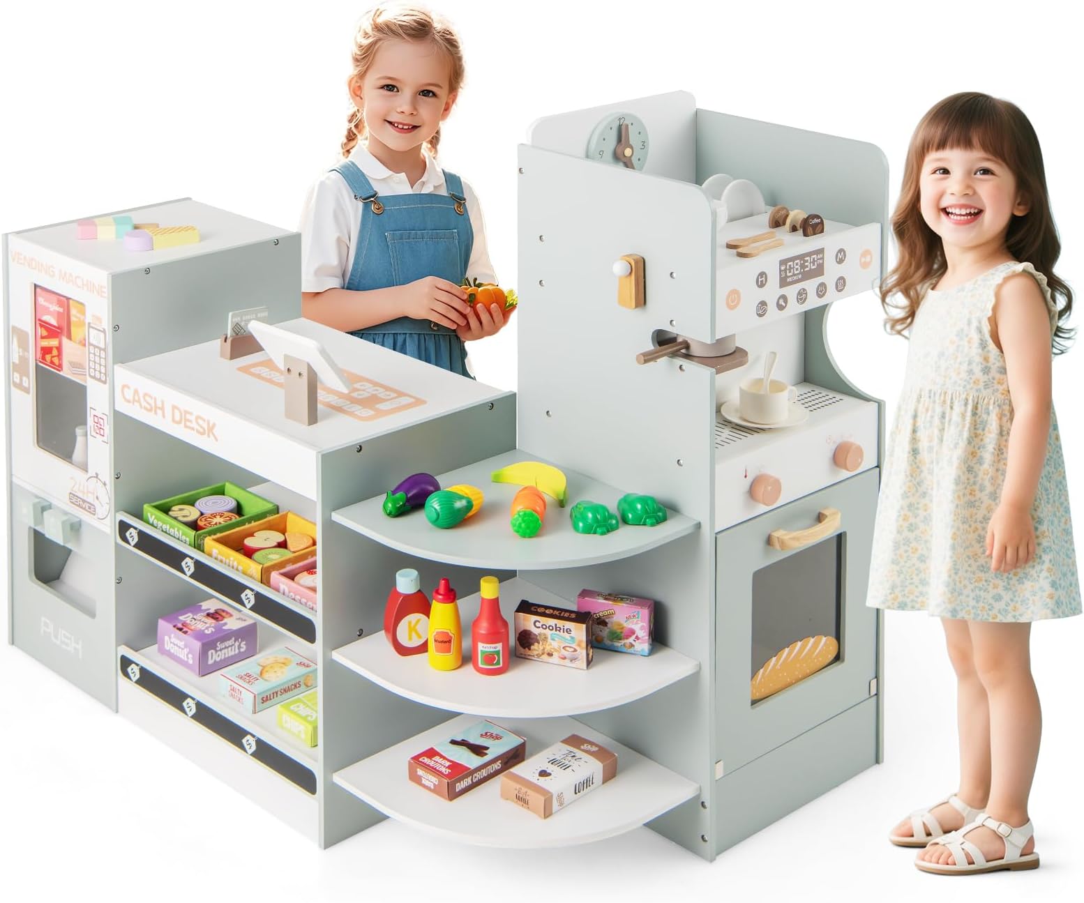 Maxmass Kids Grocery Store, Pretend Play Shop with Vending Machine, Checkout Counter, Cash Register, 32PCS Accessories, Children Role Play Supermarket Playset for 3+ Years Old (Green)