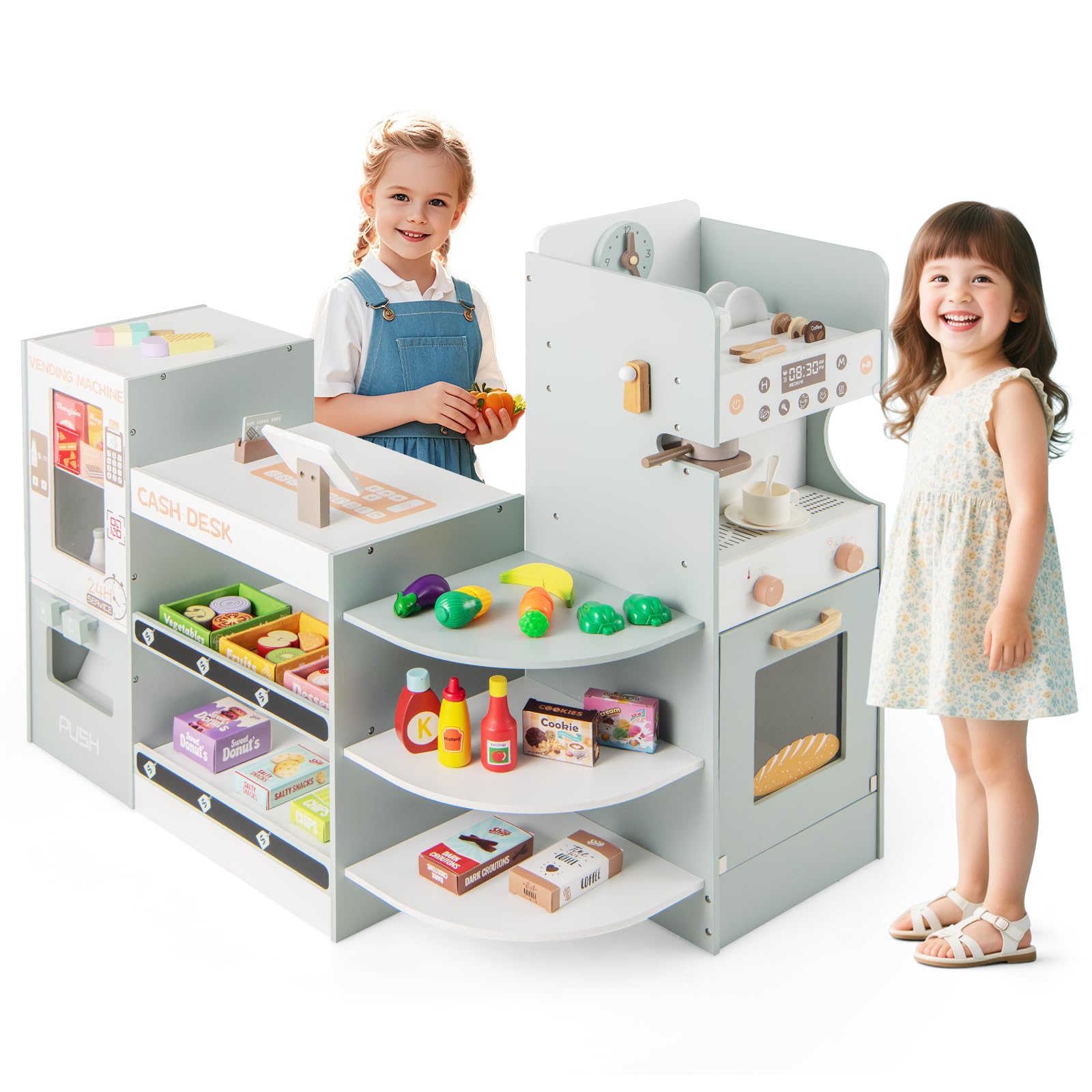 Maxmass Kids Grocery Store, Pretend Play Shop with Vending Machine, Checkout Counter, Cash Register, 32PCS Accessories, Children Role Play Supermarket Playset for 3+ Years Old (Green)