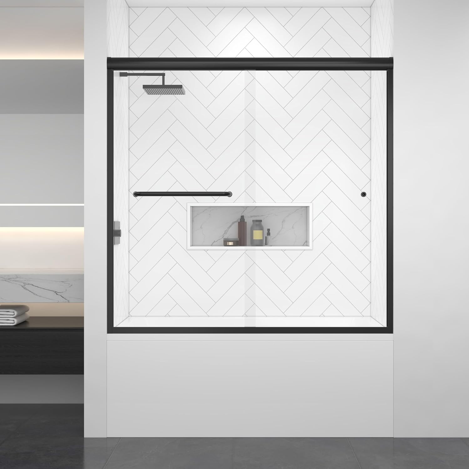 55-60" W x 58 H Bathtub Semi-Frameless Double Sliding Shower Door Tub Framed Bypass Glass Shower Doors with 1/4" (6mm) Clear Tempered Glass in Matte Black
