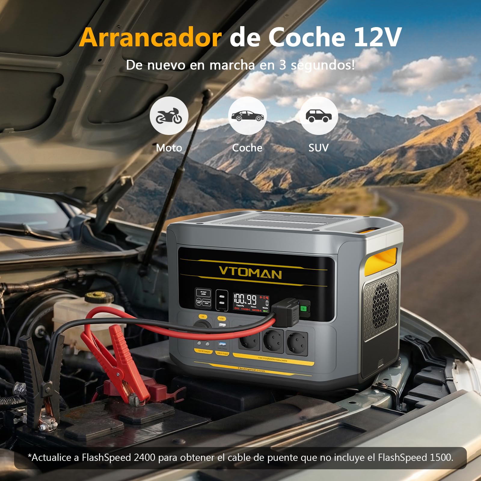 VTOMAN FlashSpeed 2400 Estación de Energía Portátil con 400W Panel Solar | 1408Wh Generador Solar, 3 CA de 2400W, Cable de Arranque, Carga Rápida 0-100% en 1 H, Acampada, RV, Apagones, Embacaraciones