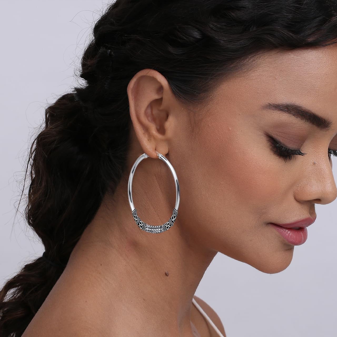 LeCalla Pendientes grandes de plata de ley 925 Aros de Bali antiguos y ligeros | Pendientes balineses oxidados bicolor para mujer