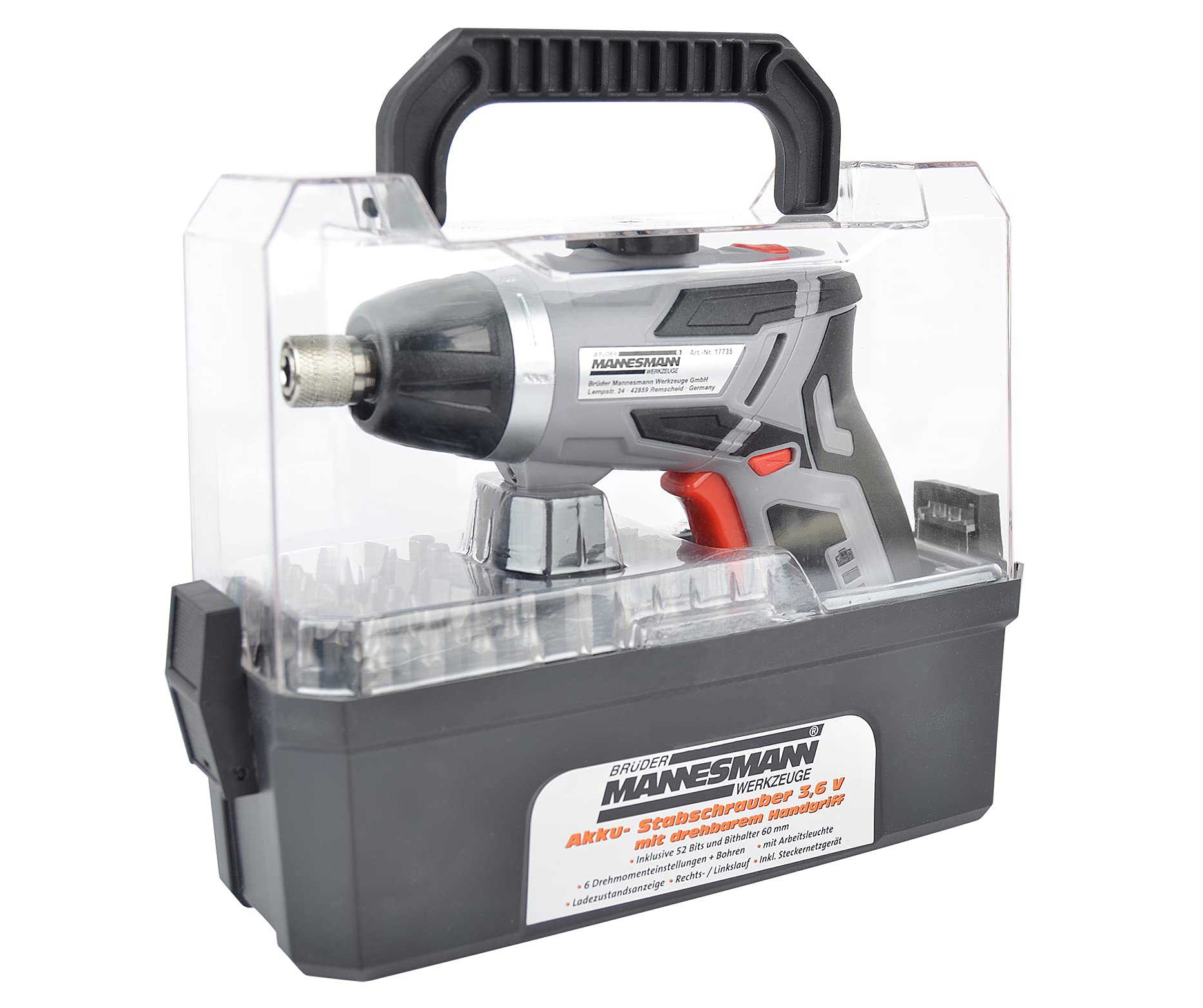 MannesmannBrüder Werkzeuge M17735 Akku-Stabschrauber 3,6 Volt Cordless Screwdriver 3.6 V, Black/Grey