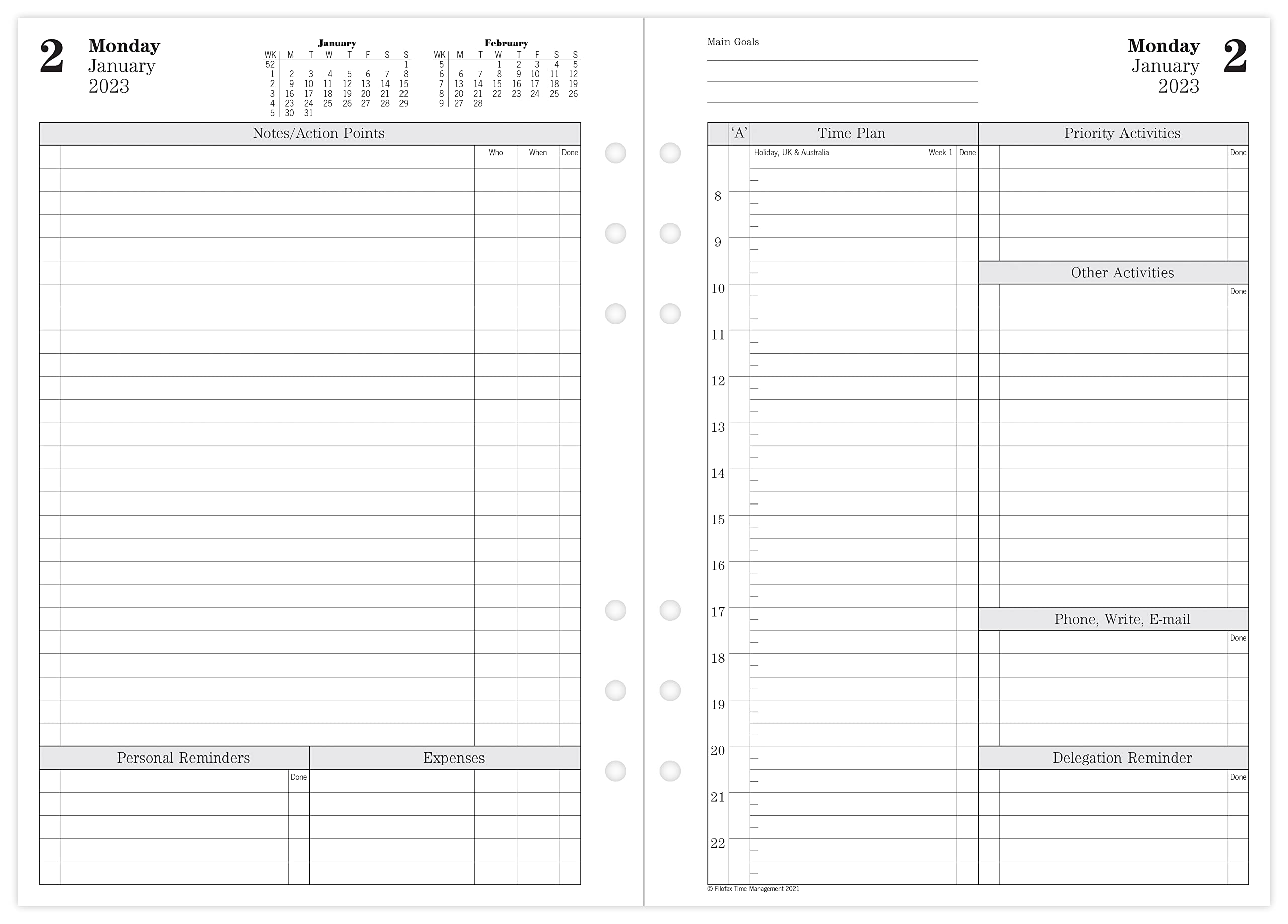 Filofax 23-TM7031, Agenda 2023 in inglese con vista giornaliera, formato A5, bianco