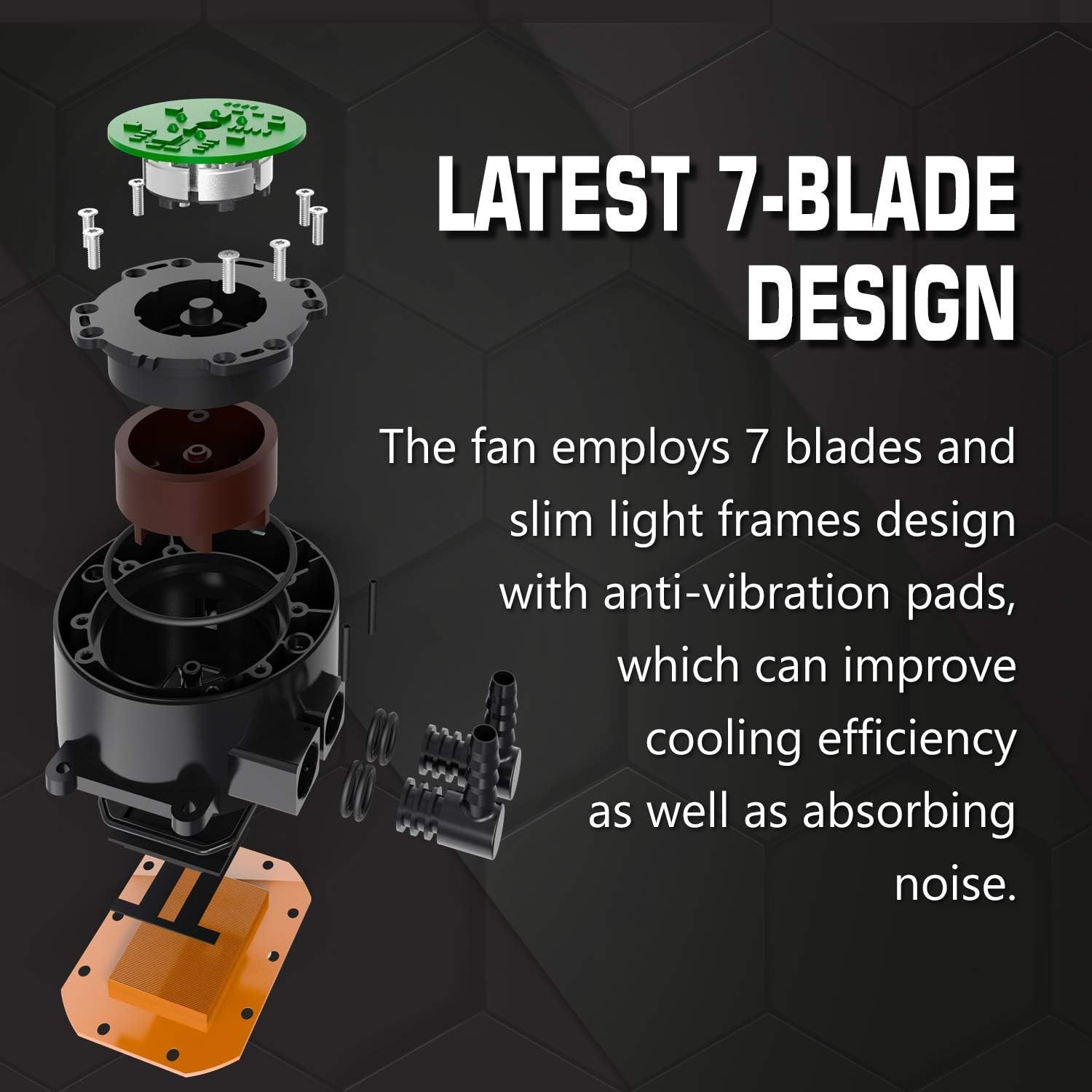 Exploded view of the 7-blade fan design with anti-vibration pads.