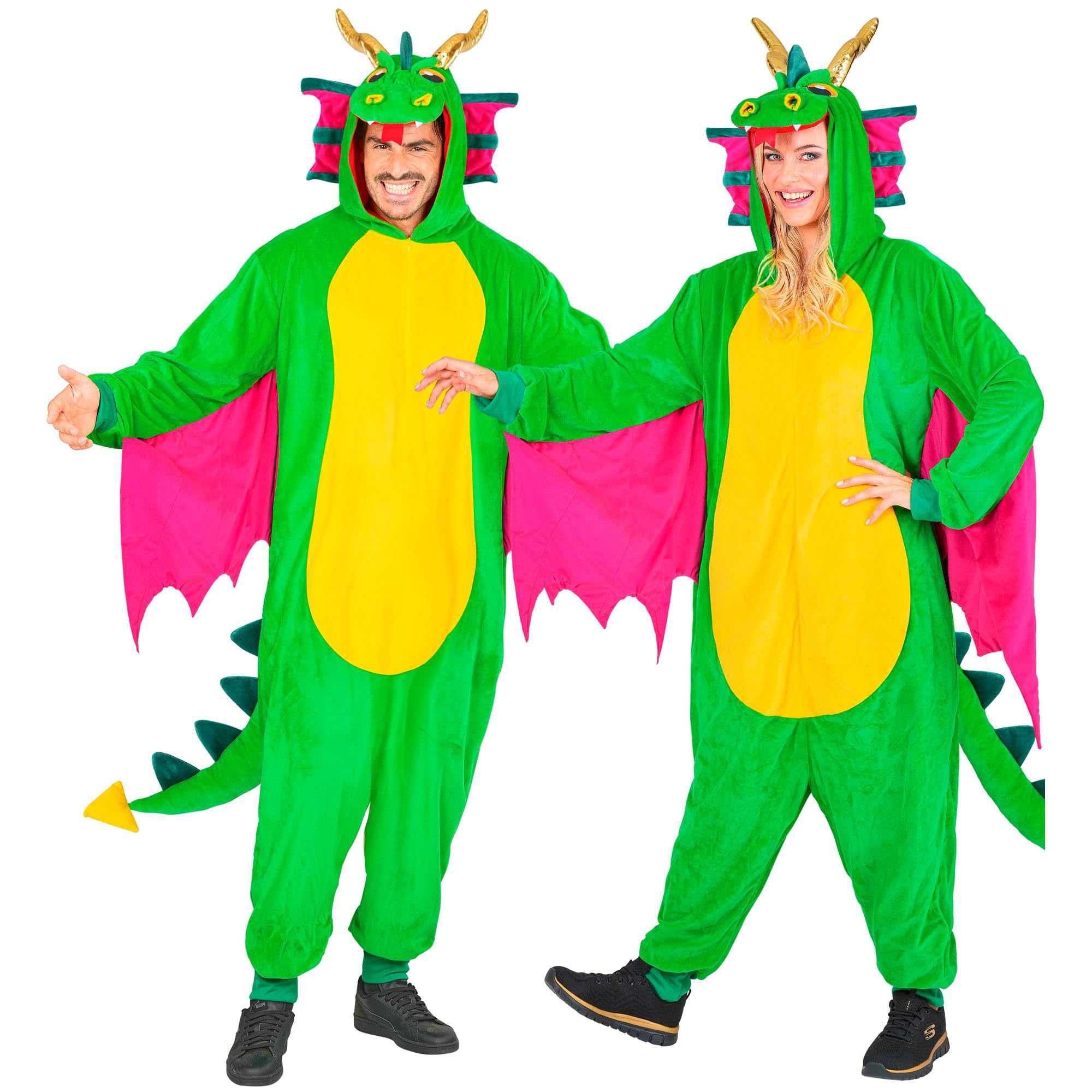 W WIDMANN MILANO Party Fashion - Dragon Jumpsuit for Adults, Green Plush Jumpsuit with Hood, Animal Costume for Carnival