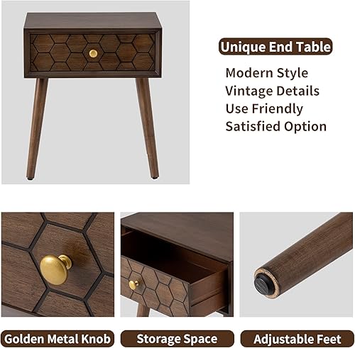 Miniatura 6 de HOMPUS Mesa auxiliar con cajón, moderna mesita de noche con acabado de grano de madera, mesita de noche de madera pequeña, mesita de noche alta,