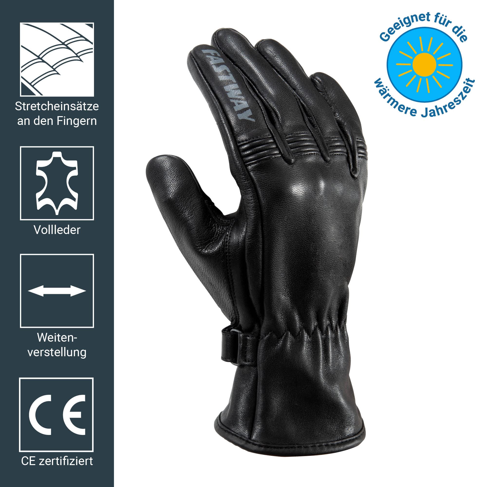 FAST WAY City Uni 211 Leder Motorradhandschuhe Sommer, Zertifizierte Motorrad Handschuhe Herr & Frau, Stretcheinsätze, Weitenverstellung, Schwarz, XS-3XL