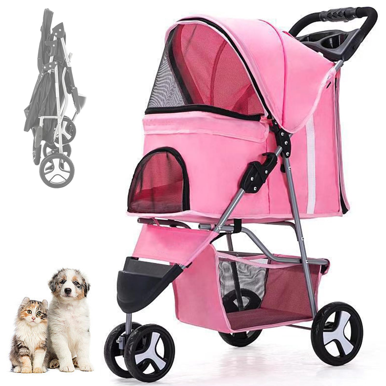 RUYICZB Carrito De 3 Ruedas Plegable con Cesta De Almacenamiento, Rueda Delantera De 360°, Rueda Trasera con Freno, Cochecito para Mascotas para Perros Pequeños Y Medianos,Rosado