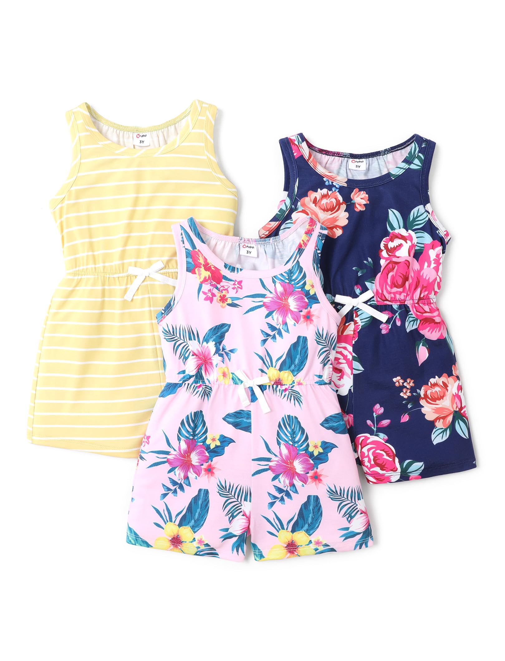 PATPAT Girls Jumpsuit 3 Pieces Floral Rompers Little Girl Elastic Waist Sleeveless One Piece Knit Jumpsuits