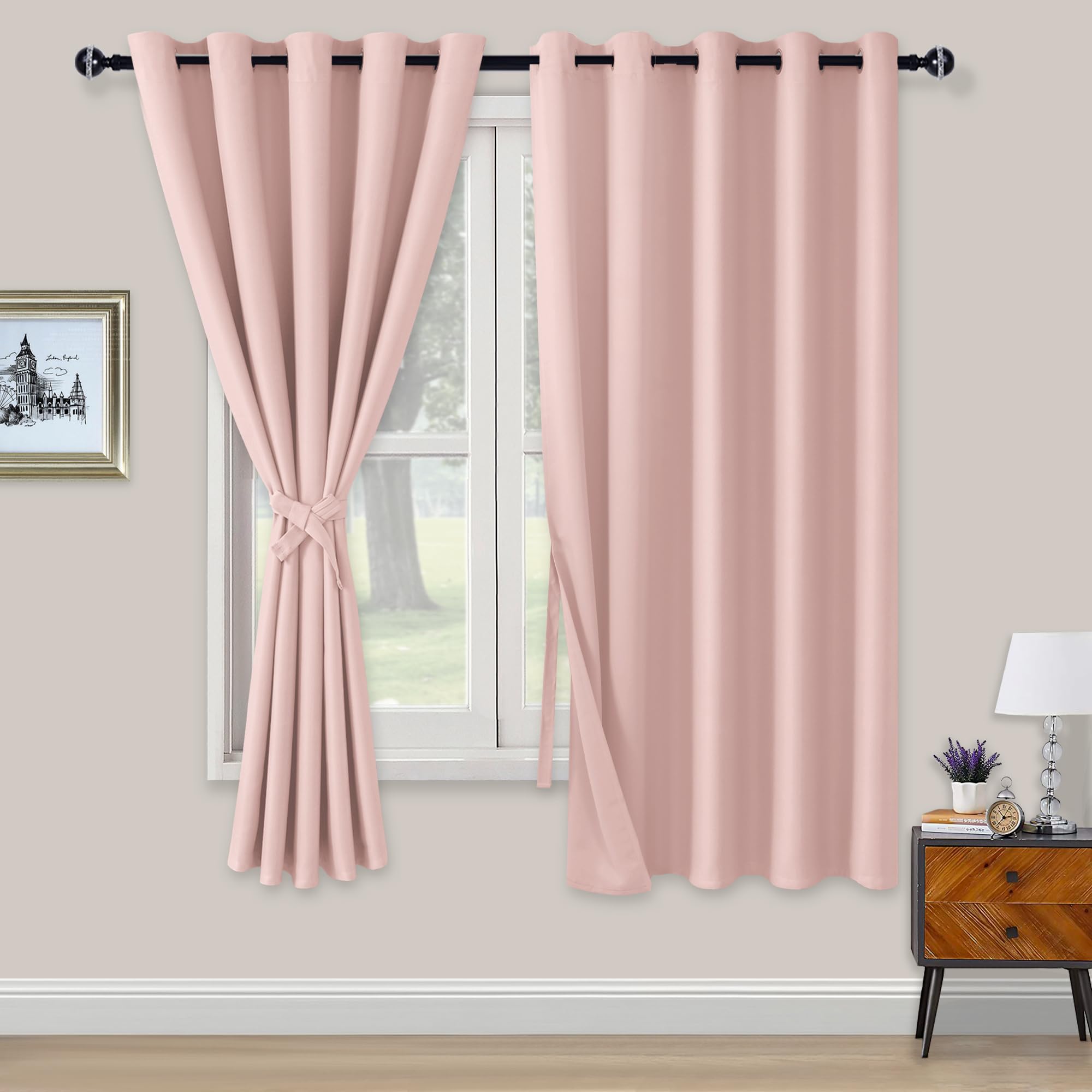 XWZO Blackout Curtains Shades Window Curtain Panels with Tiebacks- Noise Reduction and Thermal Insulated Eyelet Curtains for Bedroom,Living Room,Office,Study Room Pink W66xL72