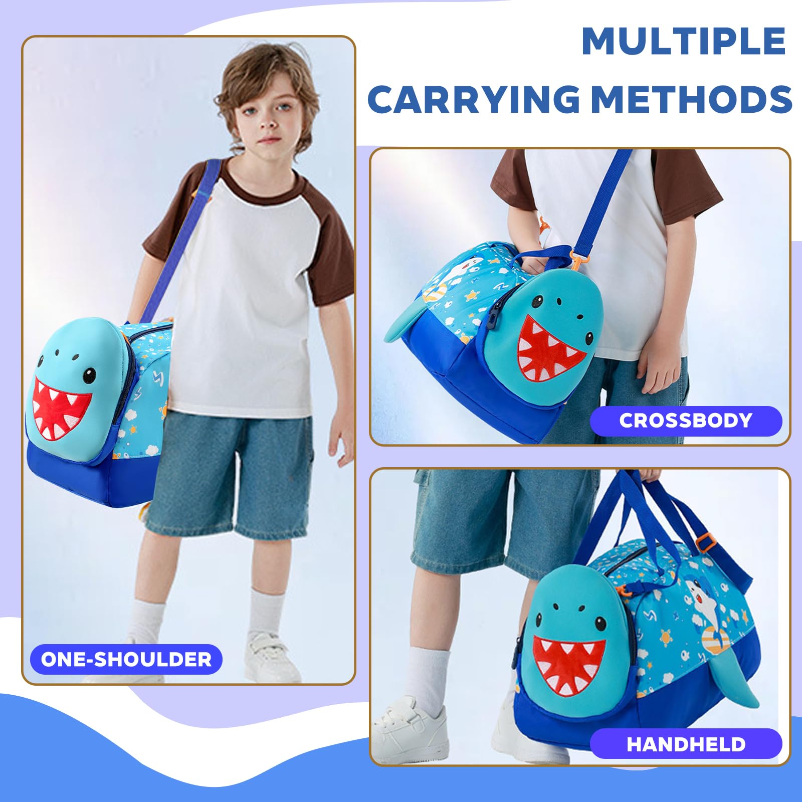 Children's Sports Bag, 21L Waterproof Travel Bag, Lightweight Durable Travel Bag, Children's Weekend Bag for Fitness, Dance, Swimming, Travelling, Shark - 5