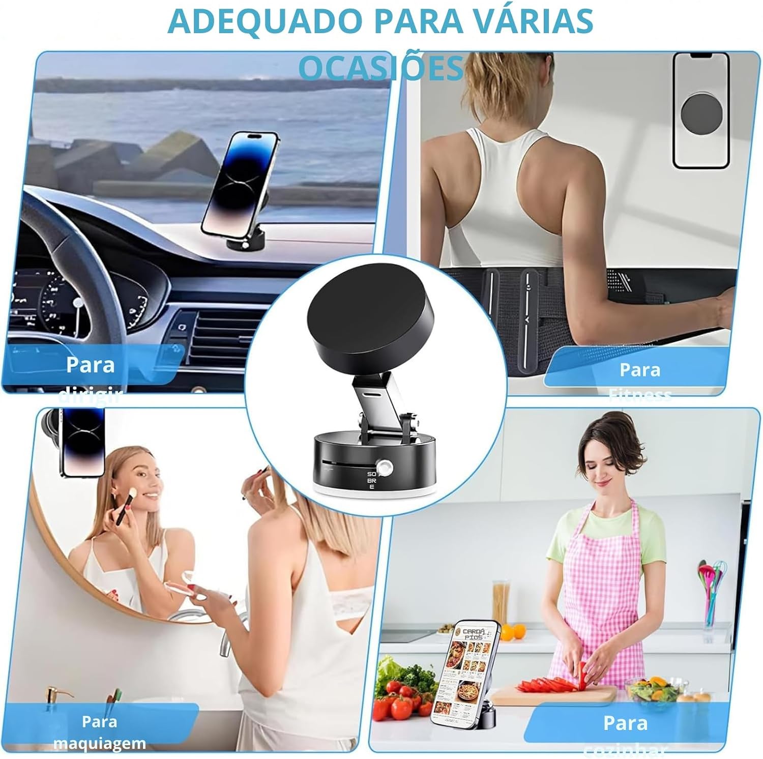 Suporte magnético 360° portátil dobrável para celular, sucção a vácuo ajustável, suporte magnético de dupla face para carro/espelho/academia (Preto) Suporte magnético 360° portátil dobrável para celular, sucção a vácuo ajustável, suporte magnético de dupla face para carro/espelho/academia (Preto)
