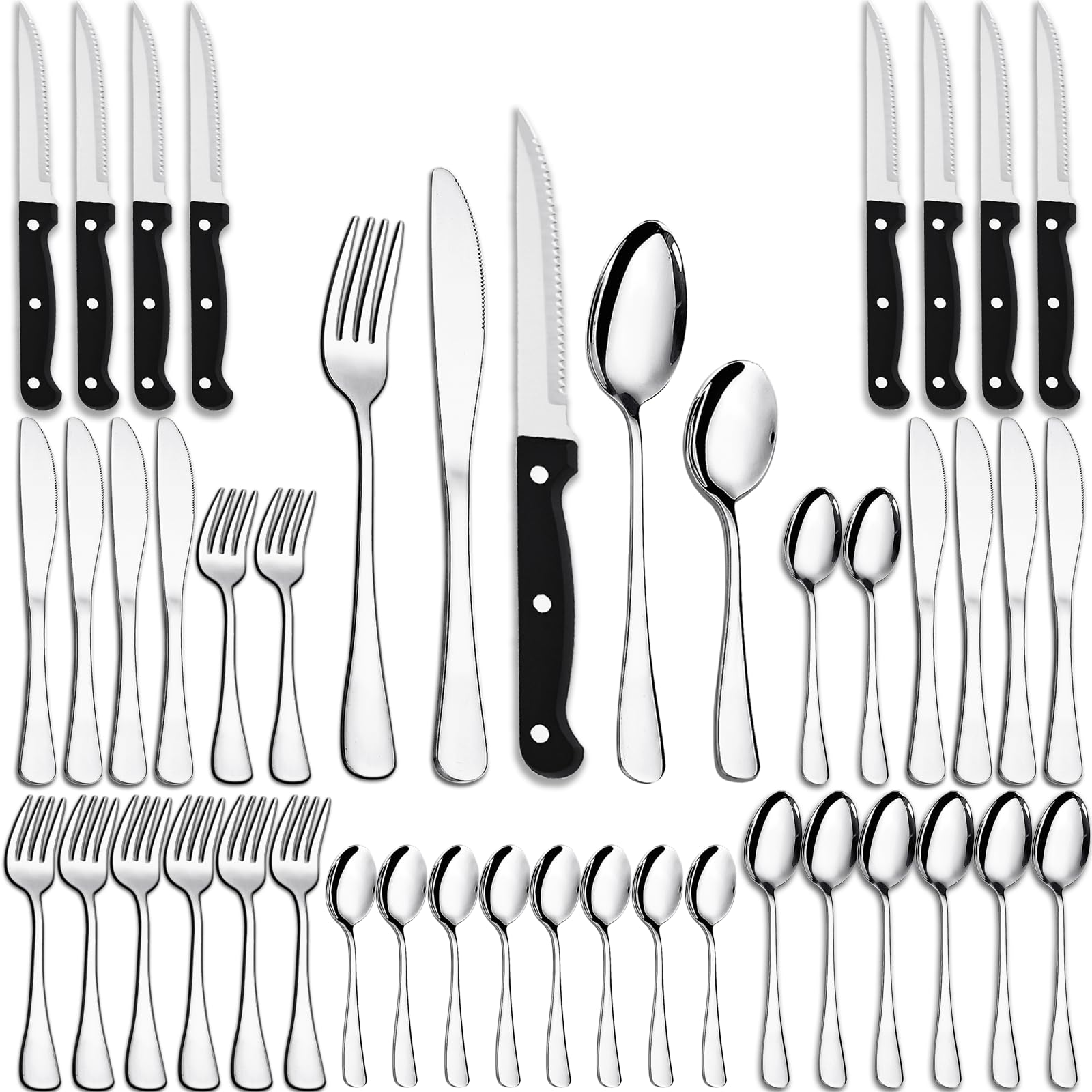 40 Pieces Cutlery Set with Steak Knives, PionStar Stainless Steel Cutlery Set for 8 People, Cutlery Set Include Knives, Forks, Spoons, Teaspoons and Steak Knives, Dishwasher Safe/Mirror Polished