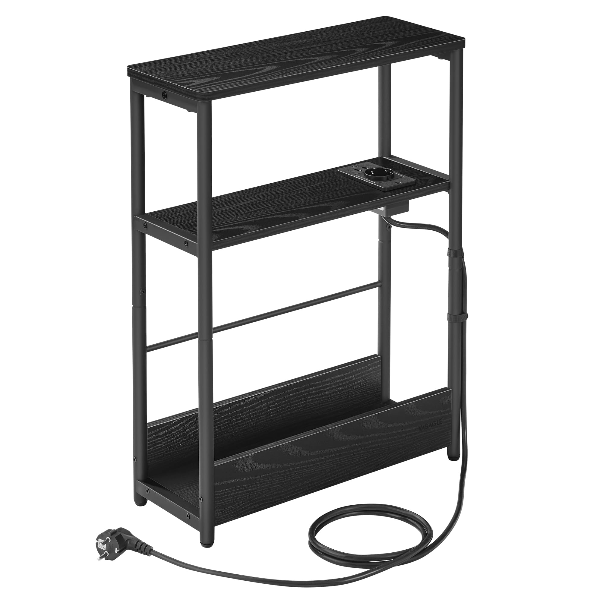 VASAGLE Mesa Auxiliar con Multienchufe, Mesa Auxiliar Estrecha con 3 Estantes, Mesa para Espacios Pequeños con Revistero, para Salón, Dormitorio, Estudio, Negro Ébano y Negro Tinta LET335B02