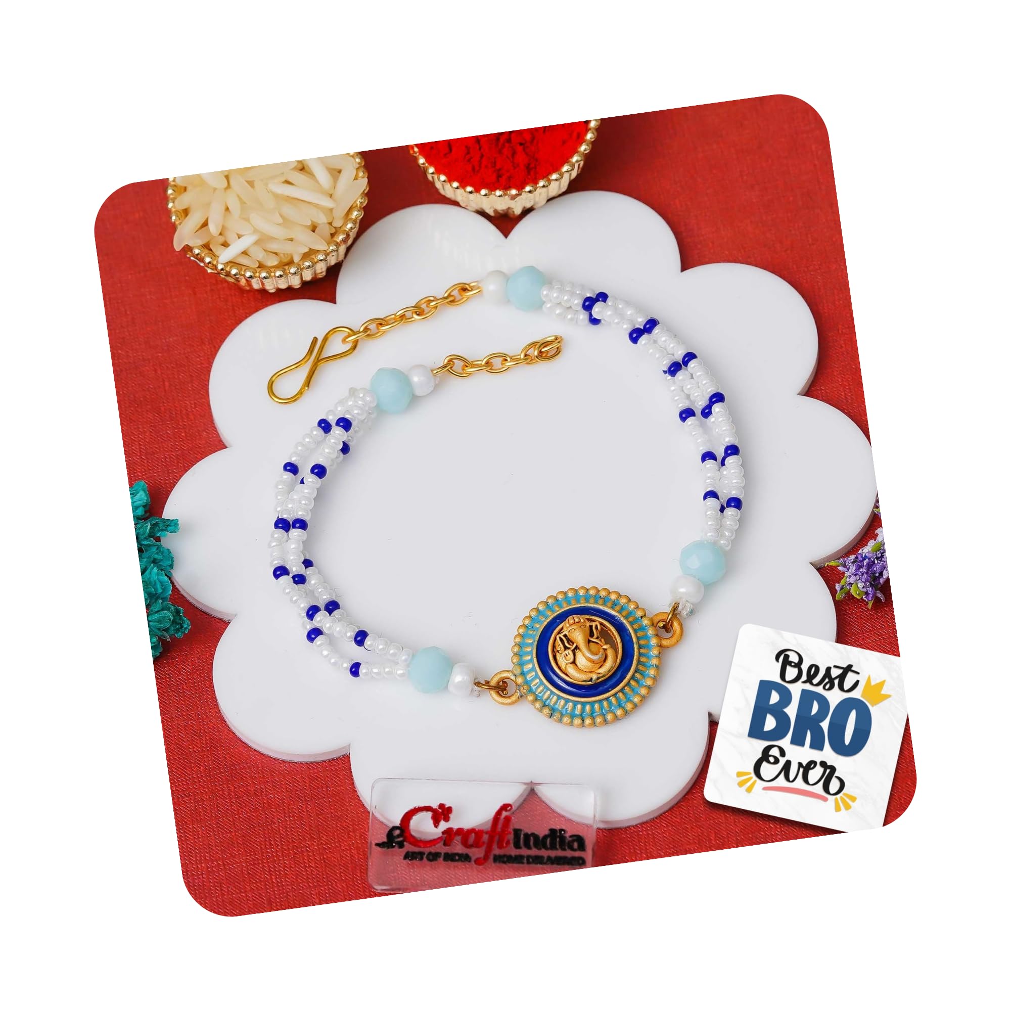 eCraftIndia Lord Ganesha Bracelet Rakhi for Brother | Rakhi Bracelet for Brother Bhai Bhaiya | Beads Bracelet for Man | Best Bro Ever Fridge Magnet | Roli Chawal Pack-image-20