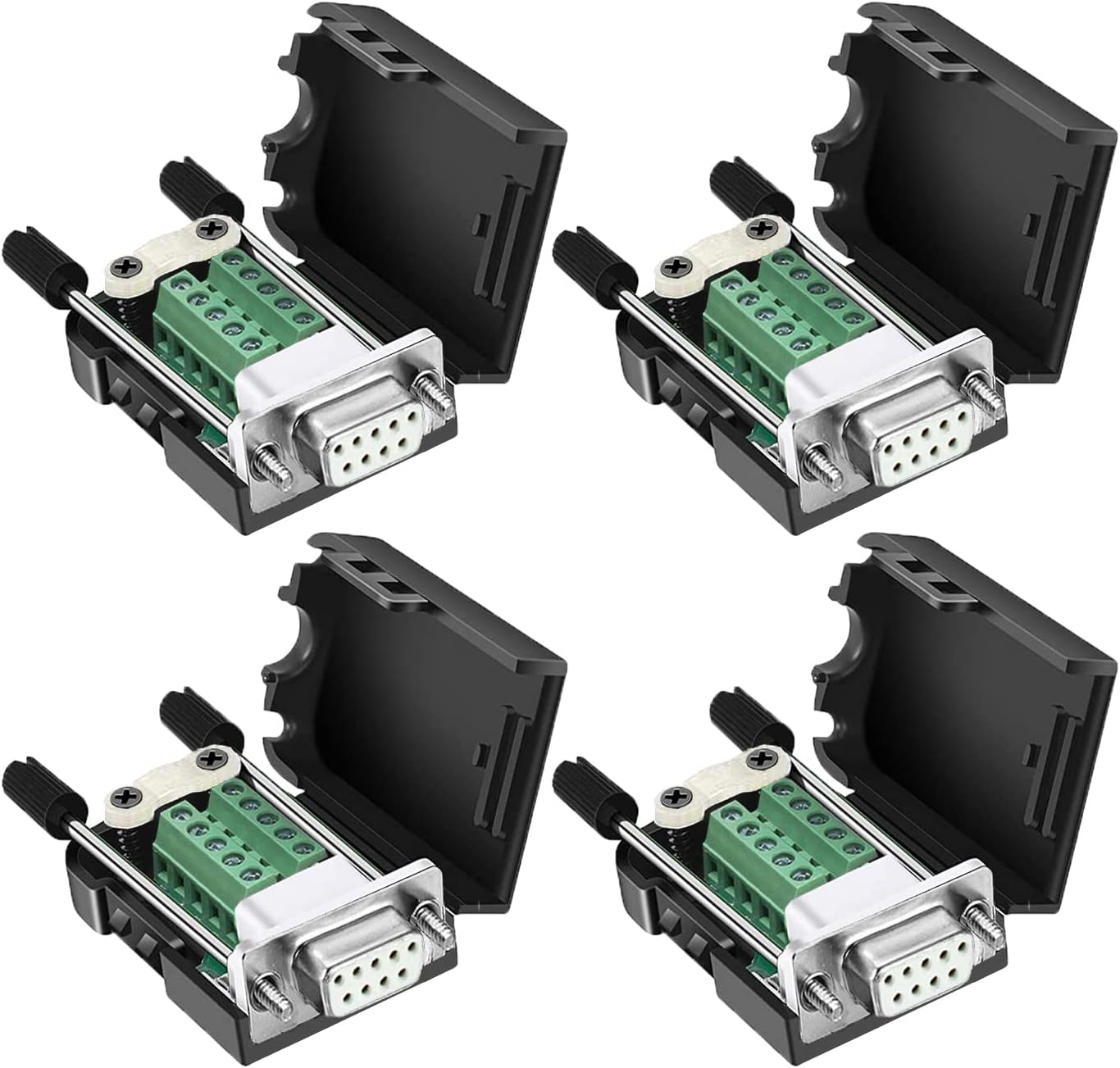 DB9 Female Connector๏ผ4Pack DB9 Breakout Connector Solderless RS232 D-SUB DB 9 Female Screw Terminal Block with Case Long Bolts Tail Pipe