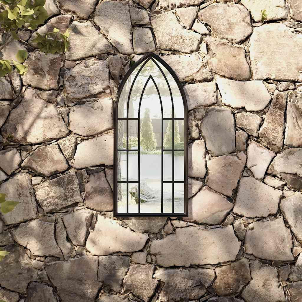 Gartenspiegel Schwarz 70x30 cm Eisen mit Rosteffekt für Außenbereich Wanddeko Flur Wohnzimmer Bad Deko und Beleuchtungspaket zum Schminken und Rasur